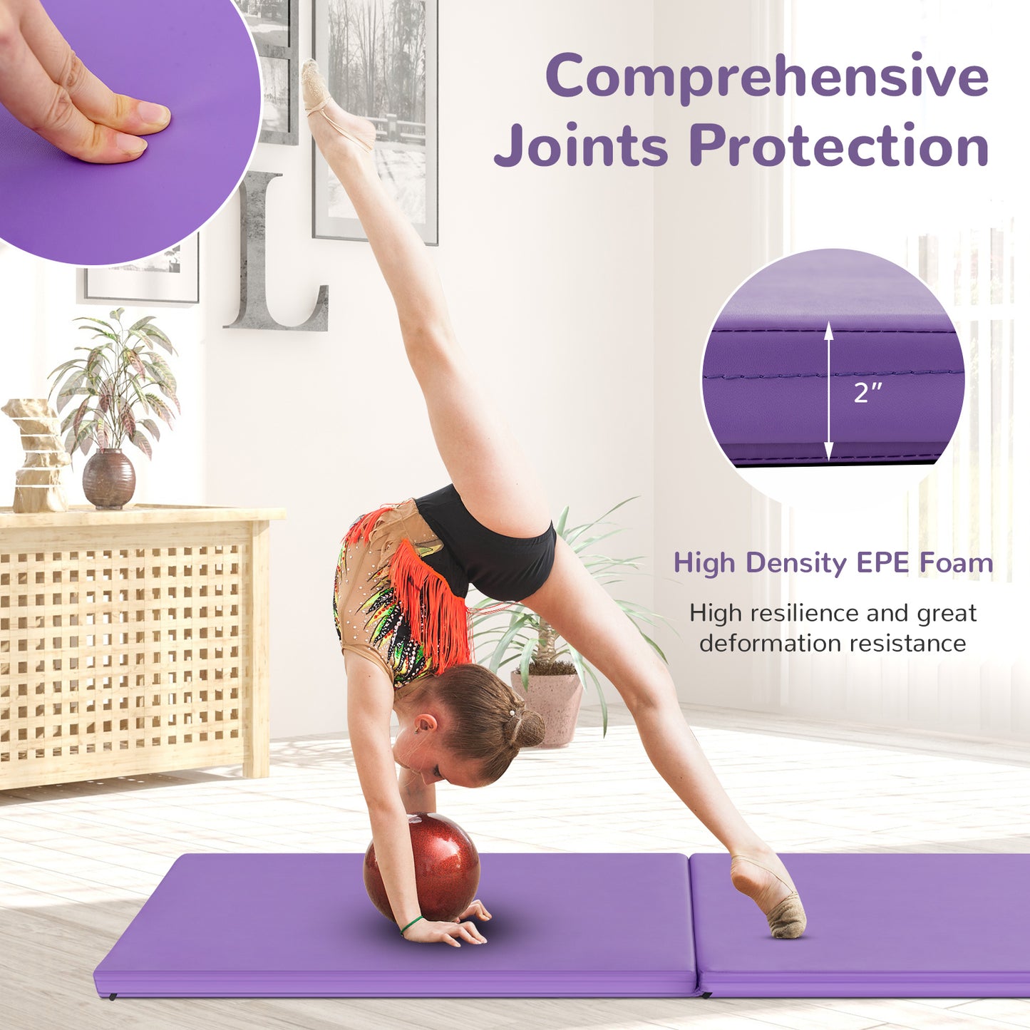 6 x 2 Feet Gymnastic Mat with Carrying Handles for Yoga-Purple Kids Crystal