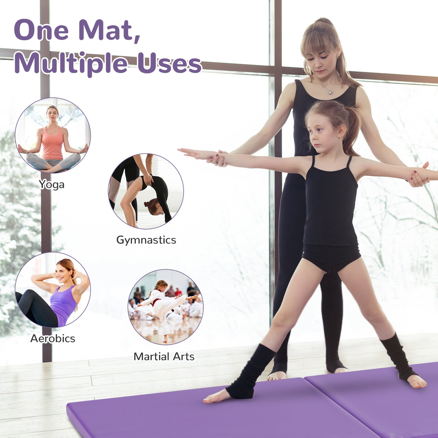 6 x 2 Feet Gymnastic Mat with Carrying Handles for Yoga-Purple Kids Crystal