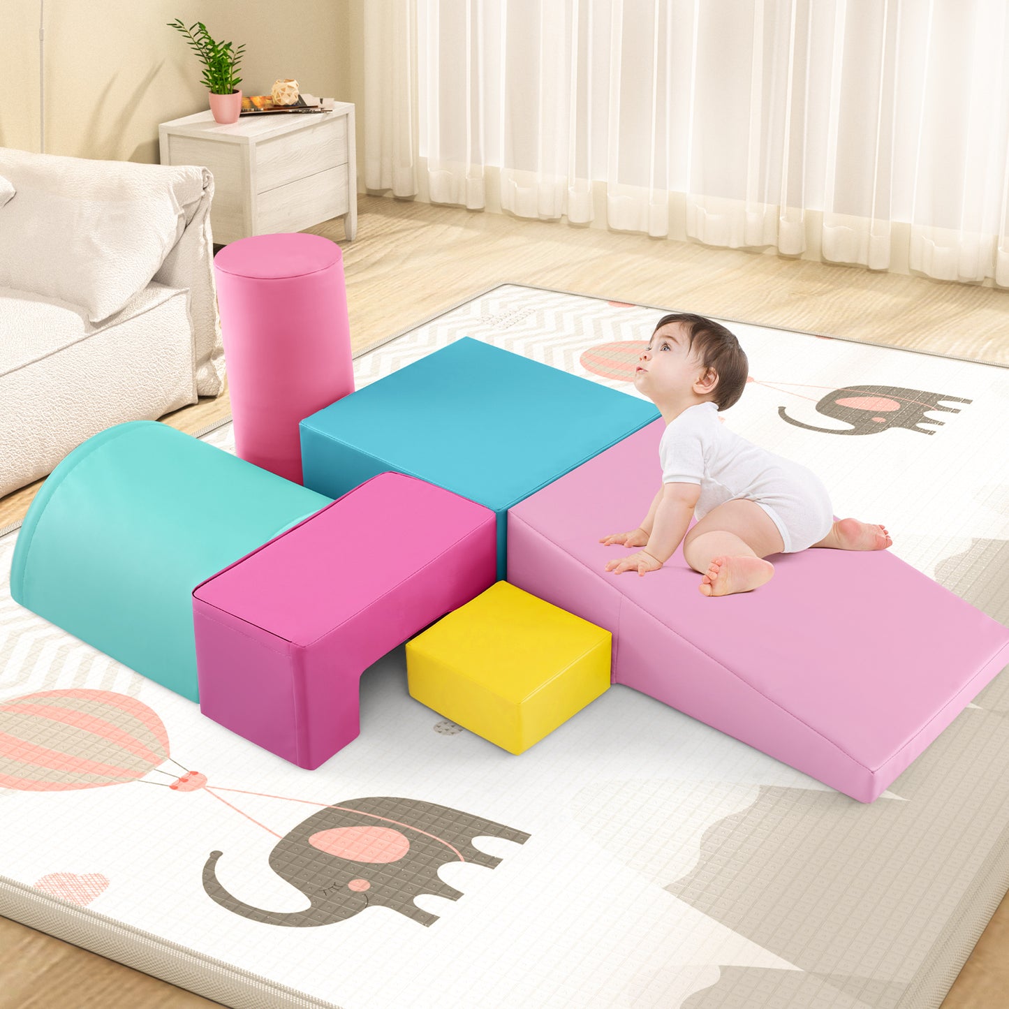 6 Pieces Foam Climbing Blocks Indoor Climb and Crawl Activity Playset with Rectangles-Pink Kids Crystal