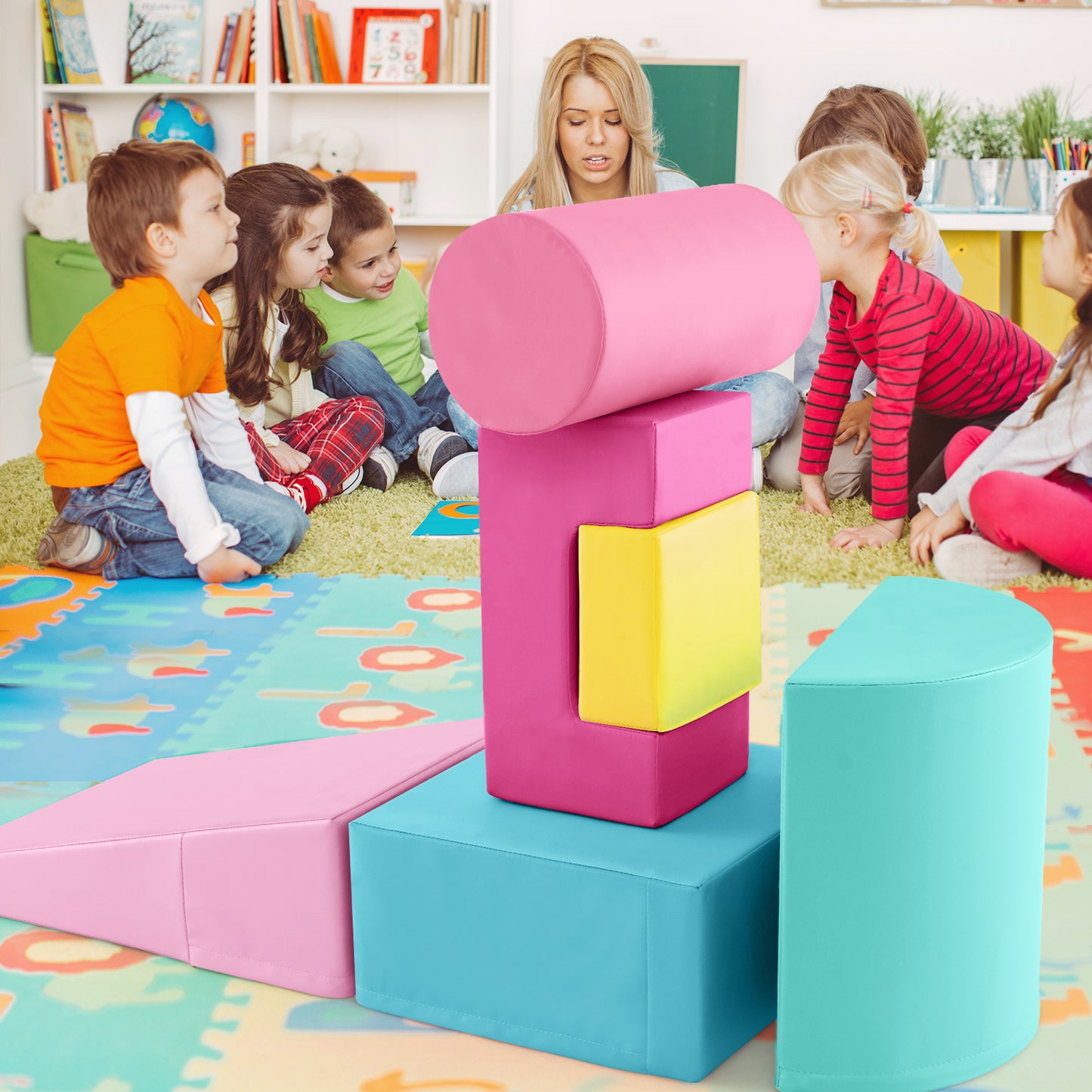 6 Pieces Foam Climbing Blocks Indoor Climb and Crawl Activity Playset with Rectangles-Pink Kids Crystal