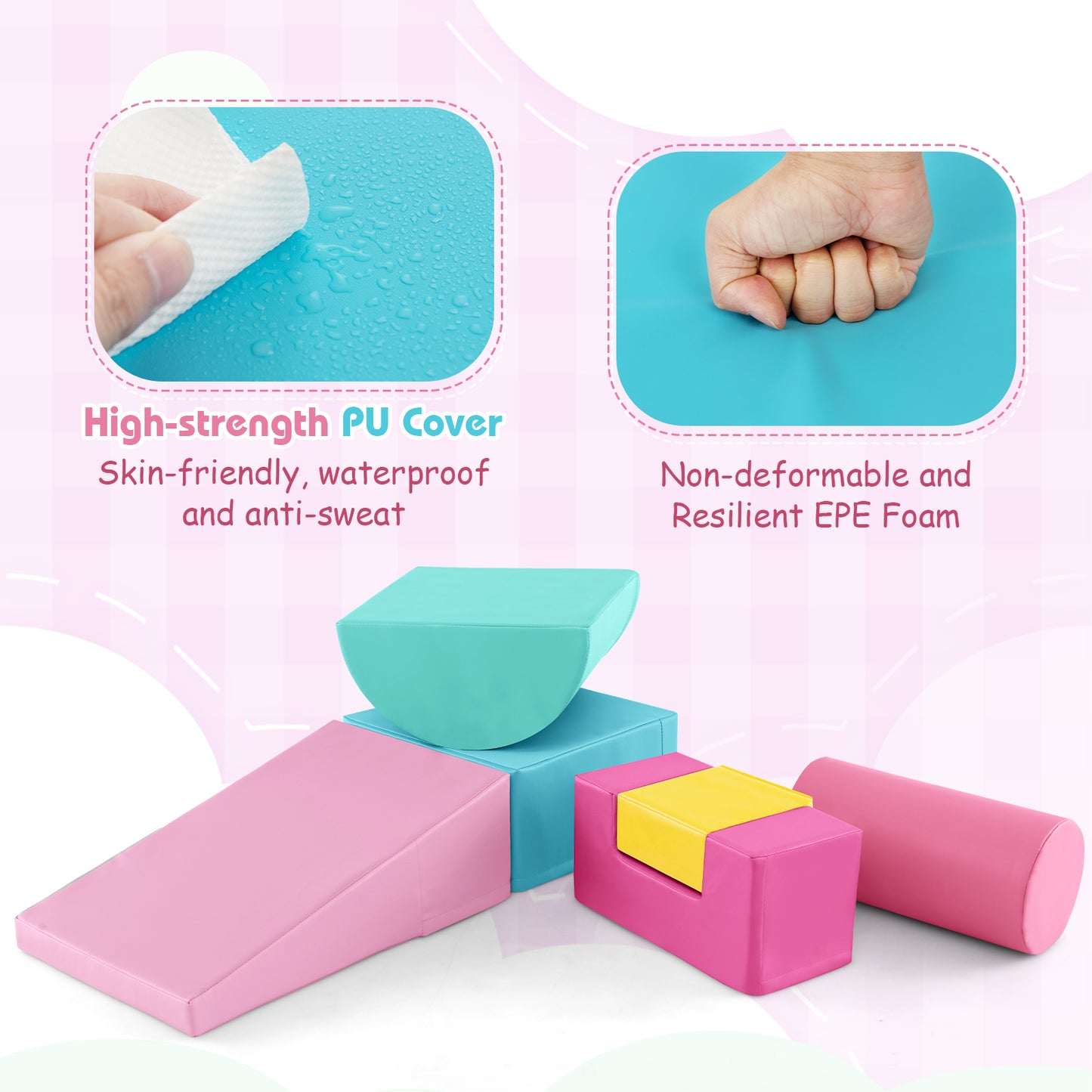 6 Pieces Foam Climbing Blocks Indoor Climb and Crawl Activity Playset with Rectangles-Pink Kids Crystal