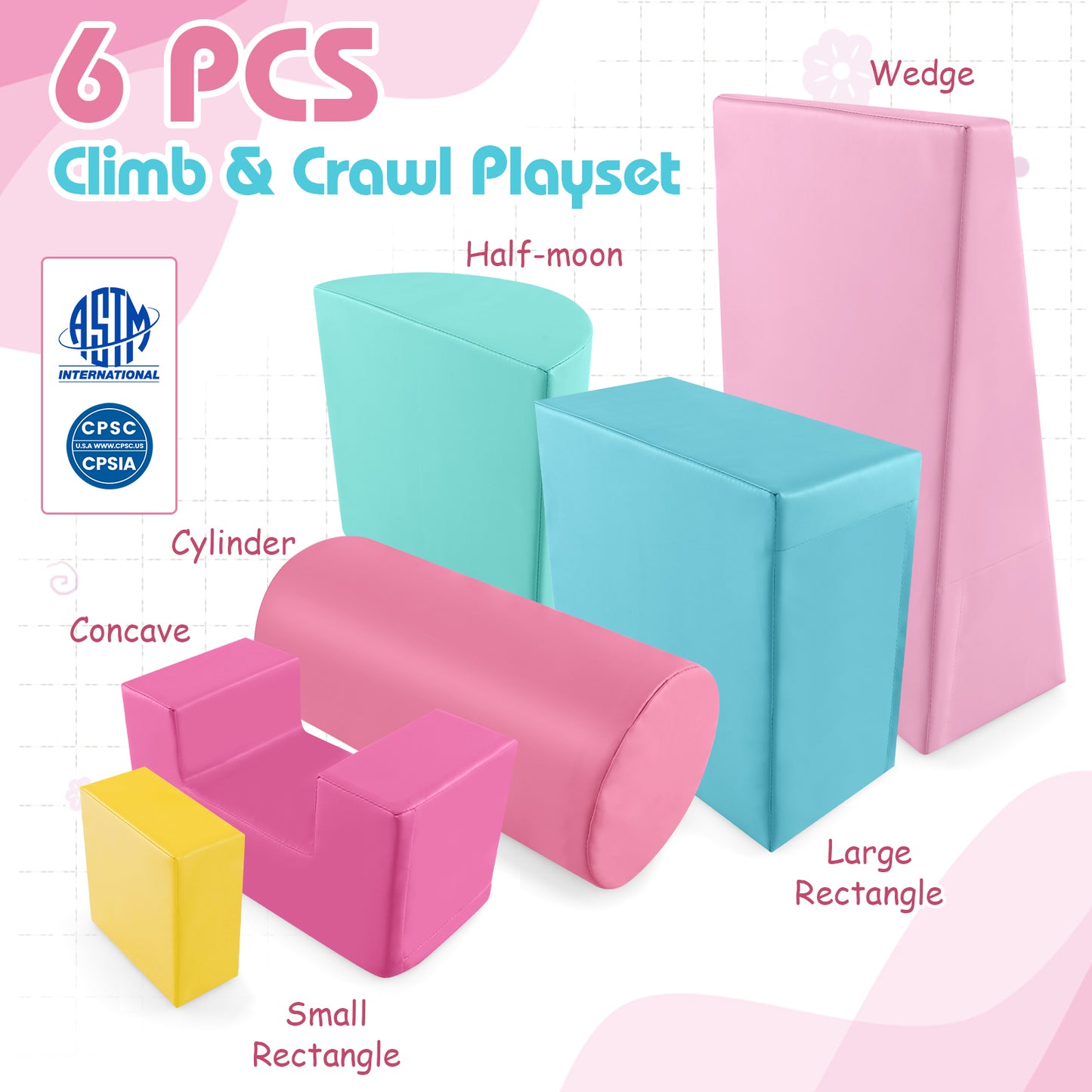 6 Pieces Foam Climbing Blocks Indoor Climb and Crawl Activity Playset with Rectangles-Pink Kids Crystal