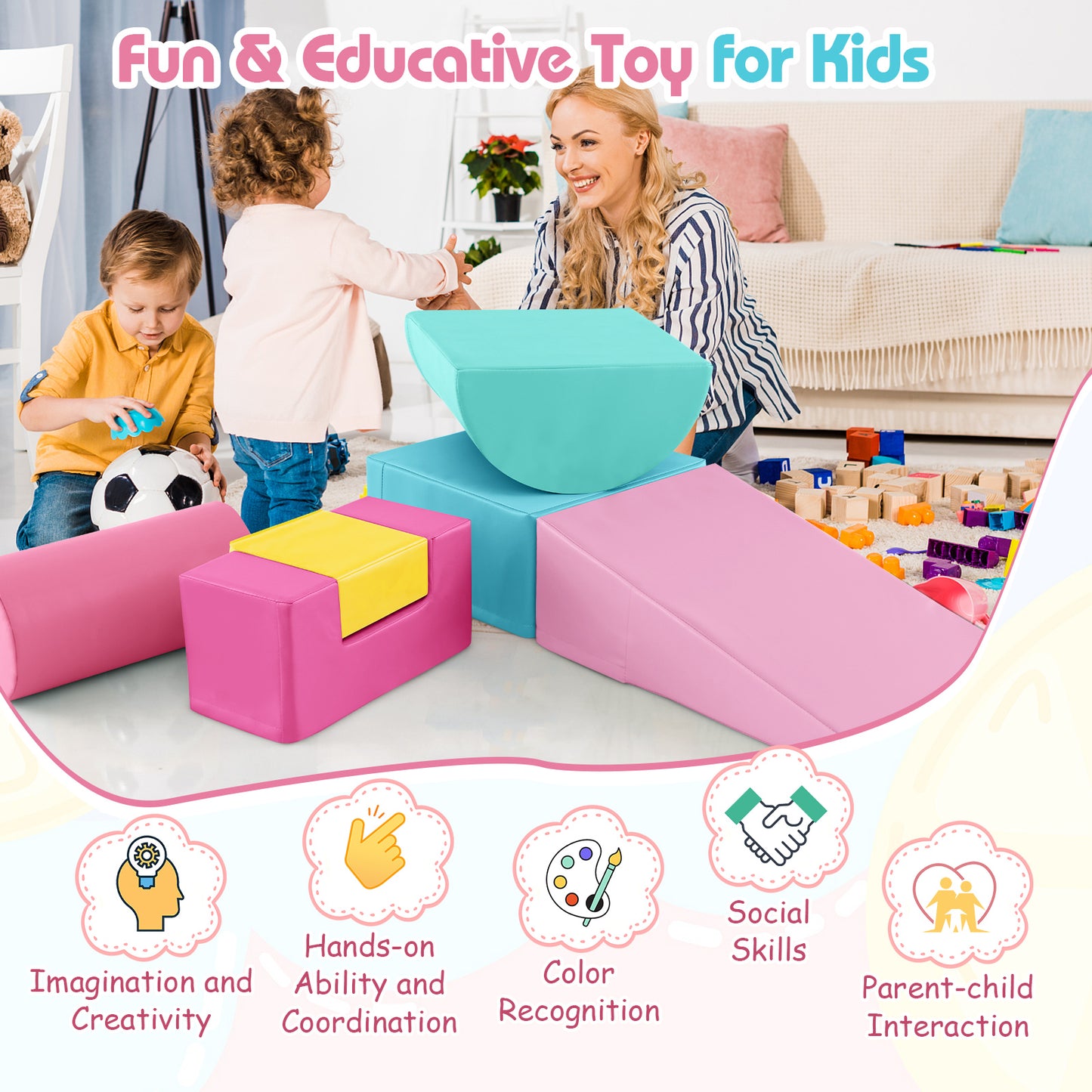6 Pieces Foam Climbing Blocks Indoor Climb and Crawl Activity Playset with Rectangles-Pink Kids Crystal