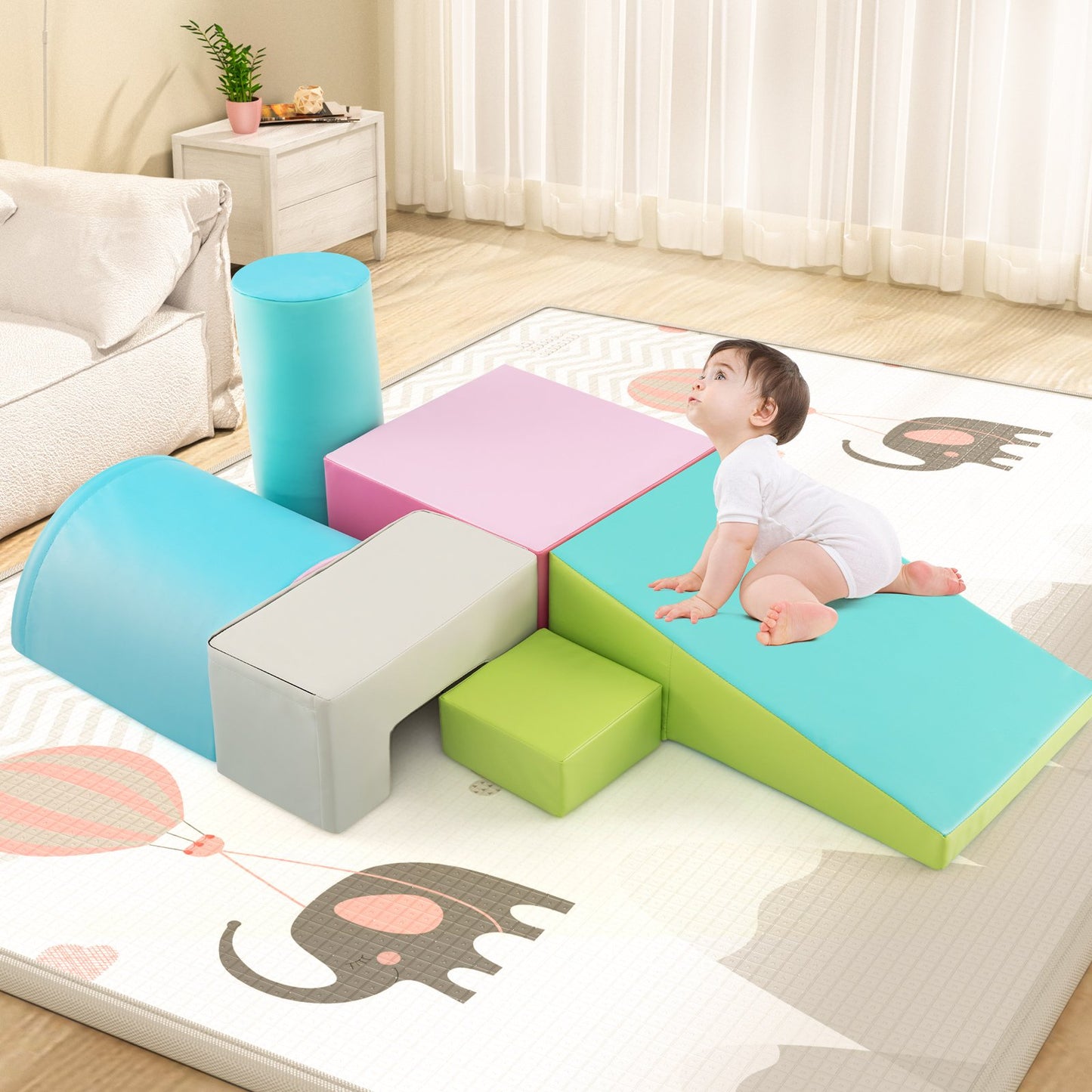 6 Pieces Foam Climbing Blocks Indoor Climb and Crawl Activity Playset with Rectangles-Green Kids Crystal