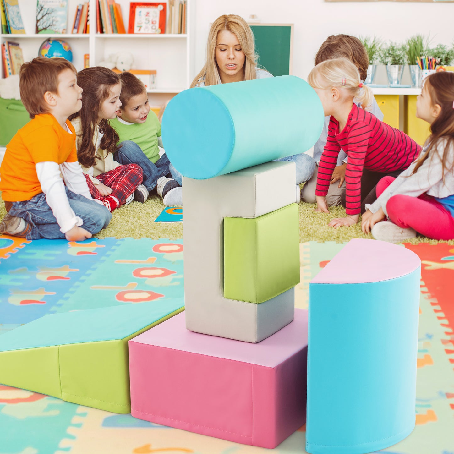 6 Pieces Foam Climbing Blocks Indoor Climb and Crawl Activity Playset with Rectangles-Green Kids Crystal
