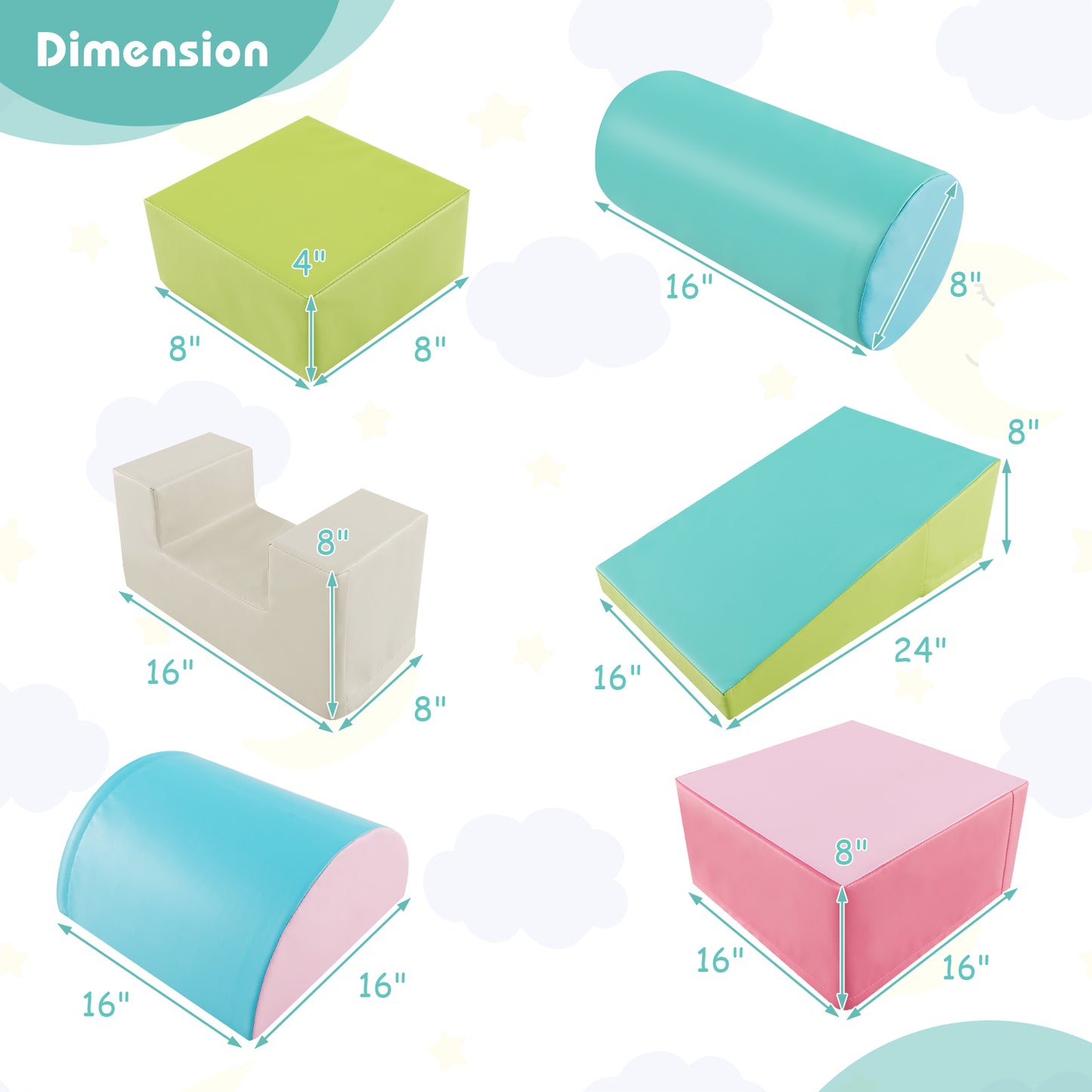 6 Pieces Foam Climbing Blocks Indoor Climb and Crawl Activity Playset with Rectangles-Green Kids Crystal