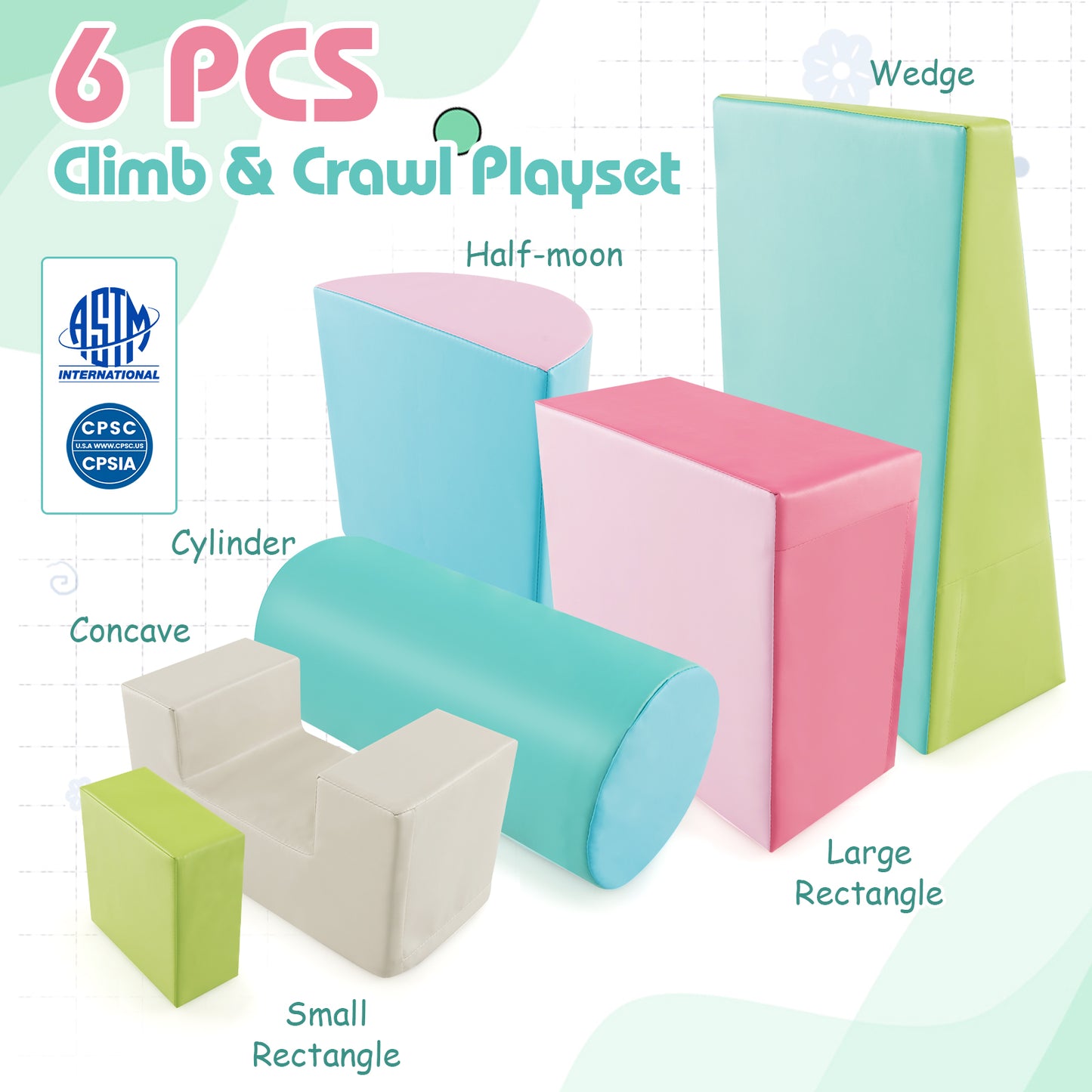 6 Pieces Foam Climbing Blocks Indoor Climb and Crawl Activity Playset with Rectangles-Green Kids Crystal