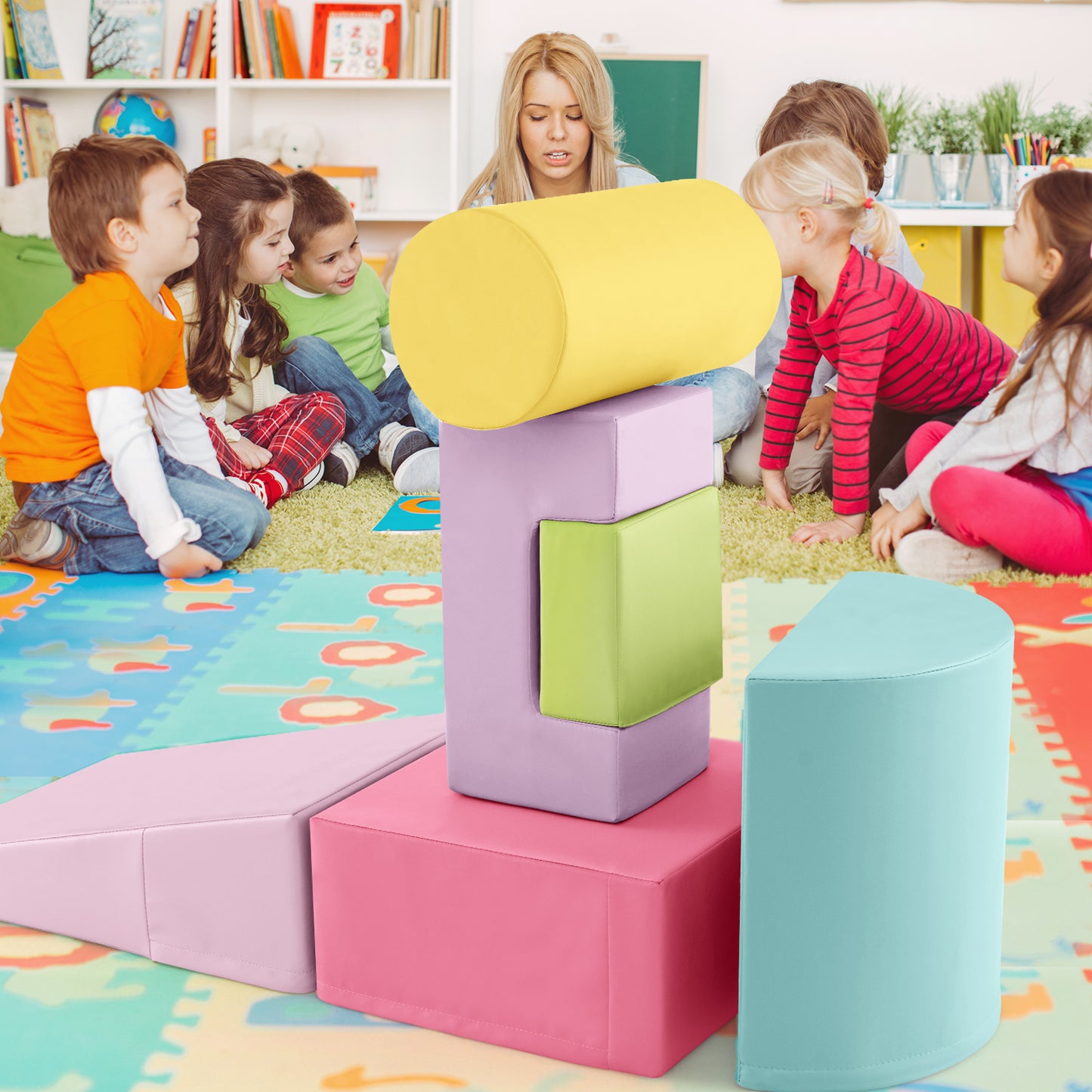 6 Pieces Foam Climbing Blocks Indoor Climb and Crawl Activity Playset with Rectangles-Macaron Multicolor Kids Crystal