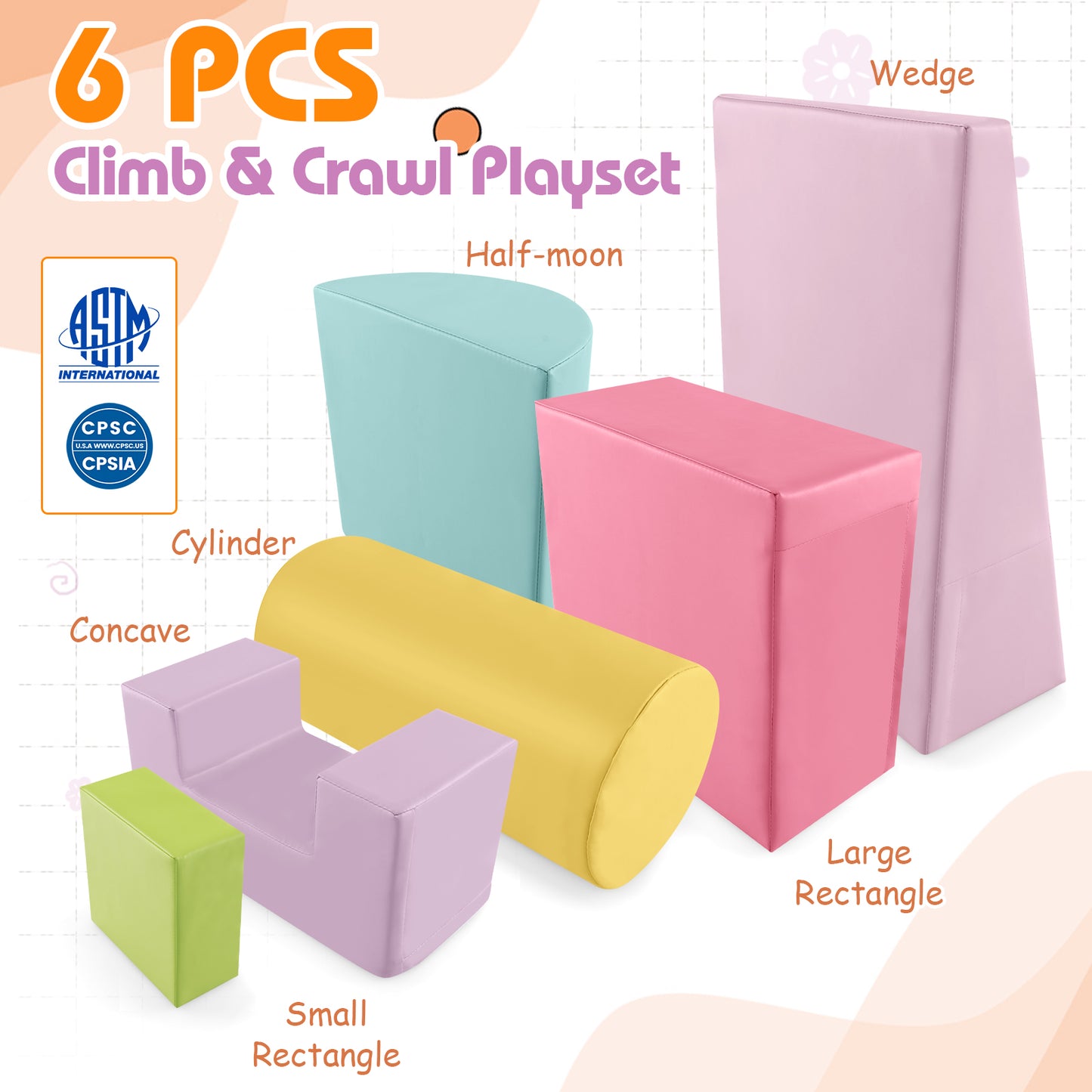 6 Pieces Foam Climbing Blocks Indoor Climb and Crawl Activity Playset with Rectangles-Macaron Multicolor Kids Crystal