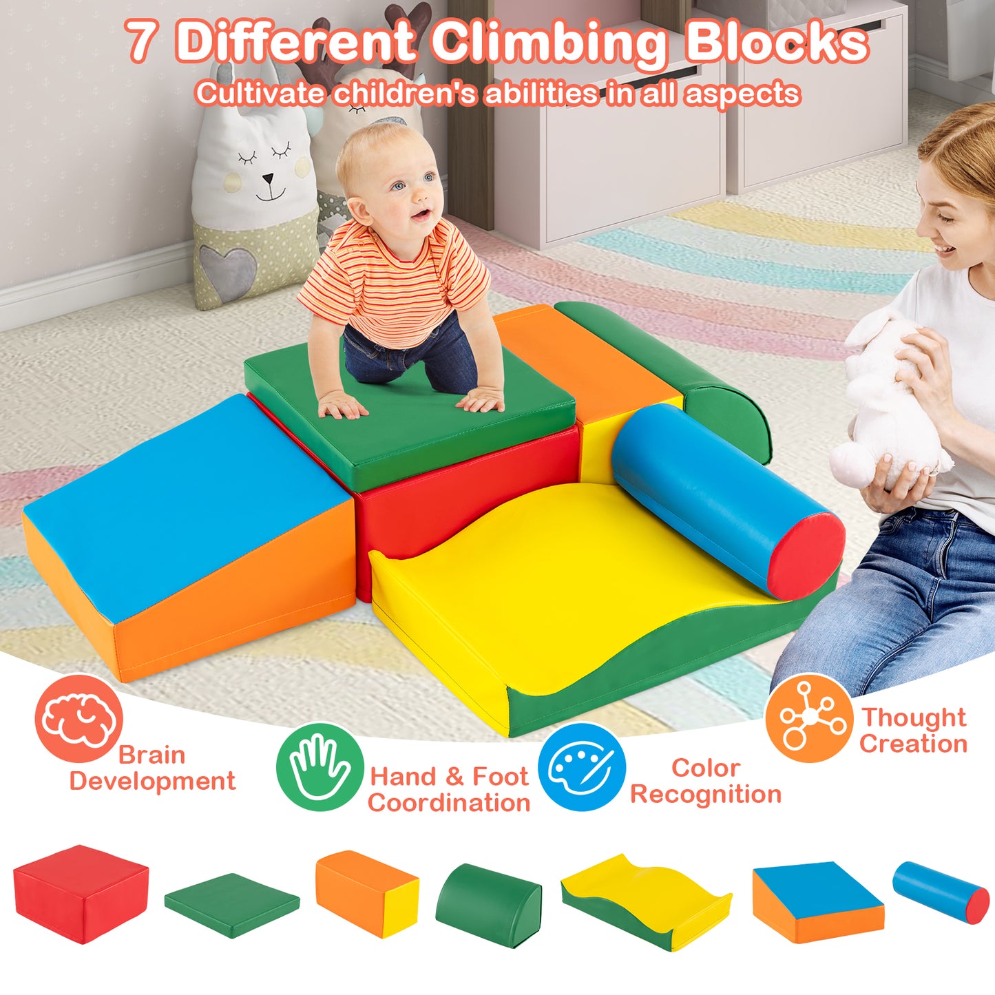 7 Pieces Toddlers Climbing Toys with EPE Foam and Removable PU Leather Kids Crystal