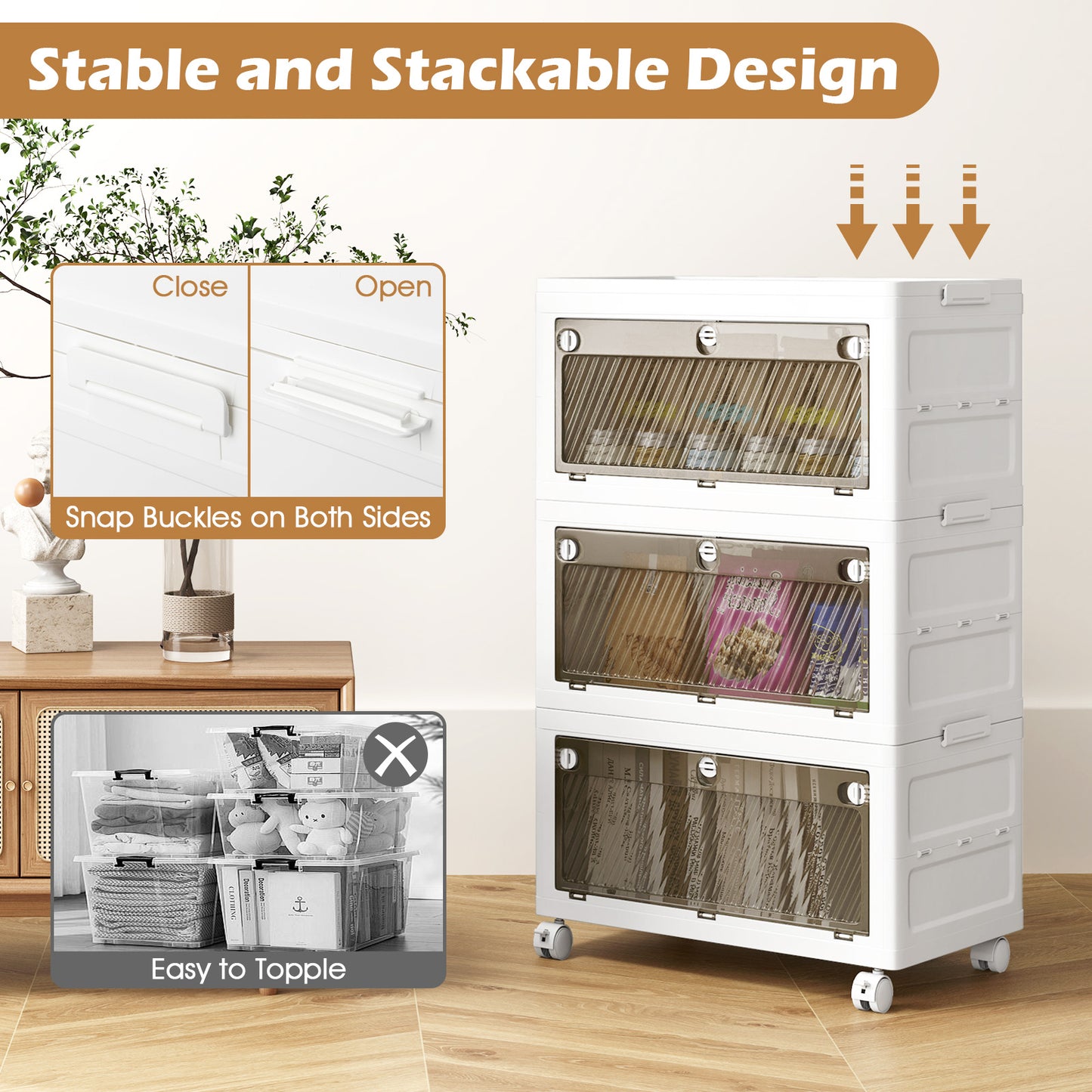 33 Gal 3-Pack Stackable Plastic Storage Bins with Lid for Bedroom Living Room-White Kids Crystal