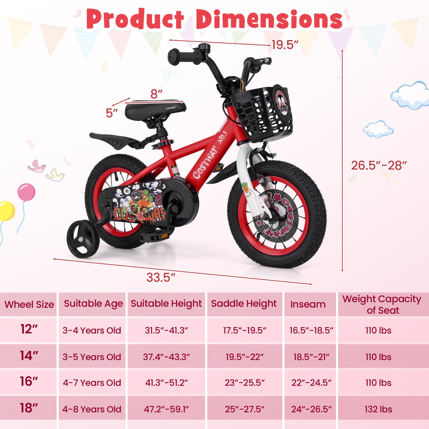 12 Inch Kids Bike Adjustable with Storage Basket and Double Brake for 3-4 Years Old-12 inches Kids Crystal