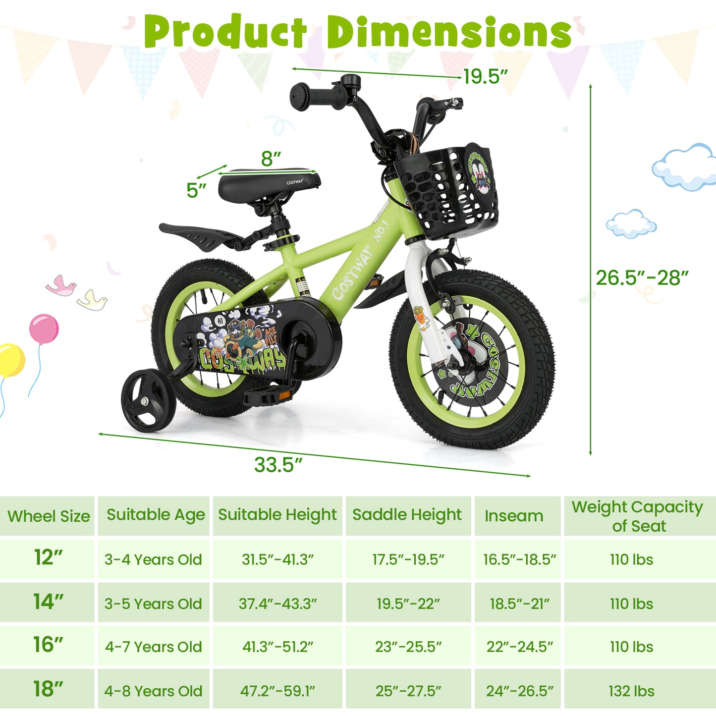 12 Inch Kids Bike Adjustable with Detachable Training Wheels for 3-4 Years Old-12 inches Kids Crystal