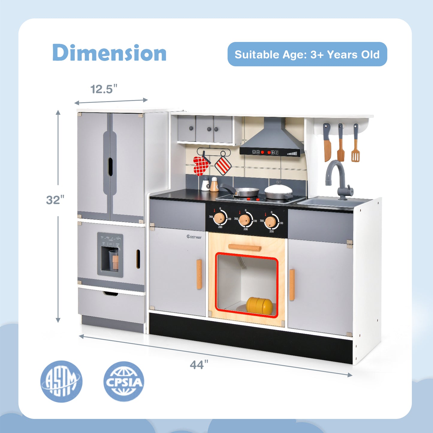 Wooden Chef Play Kitchen and Refrigerator with Realistic Range Hood and Roaster Kids Crystal