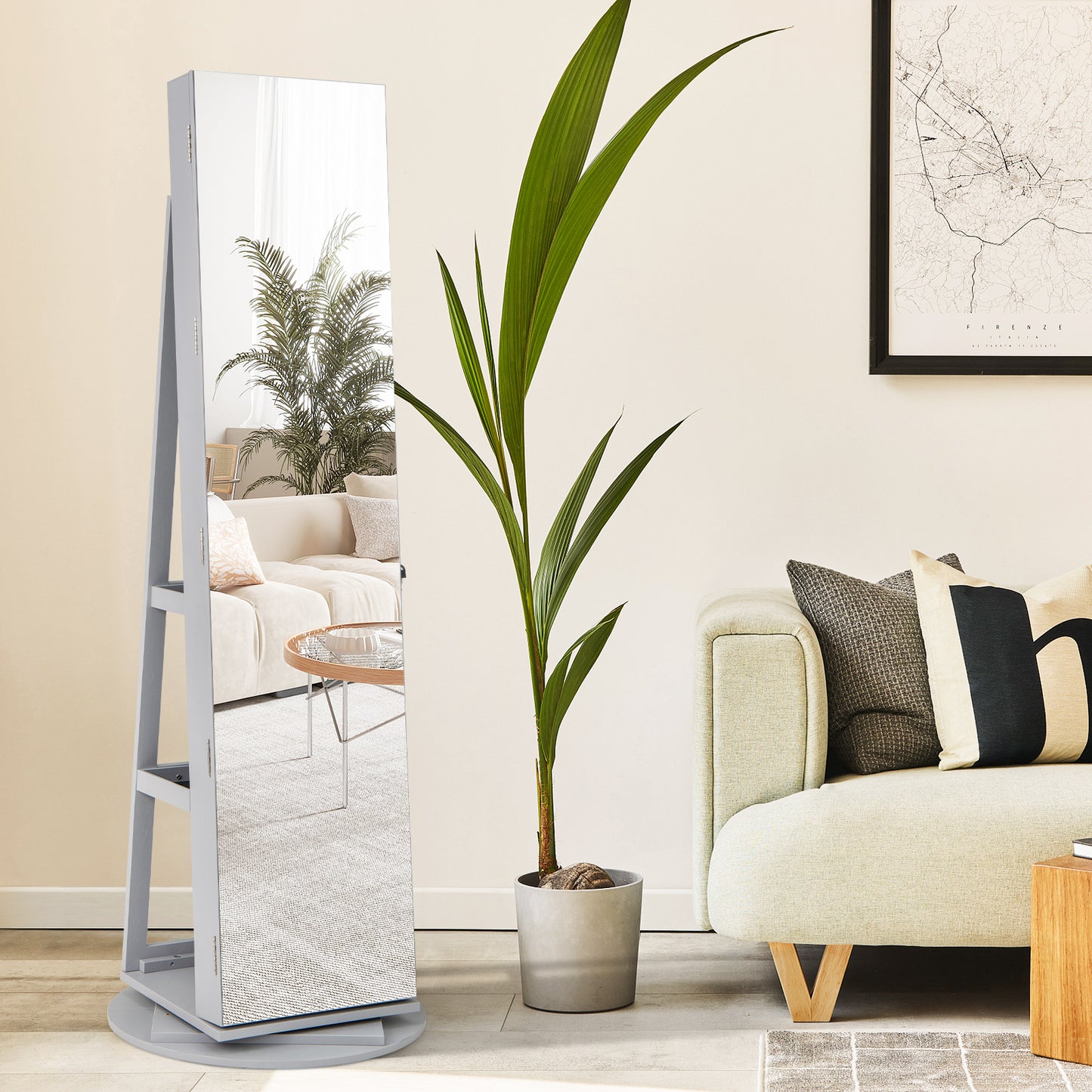 360° Rotating Mirrored Jewelry Cabinet Armoire 3 Color LED Modes Lockable-Gray