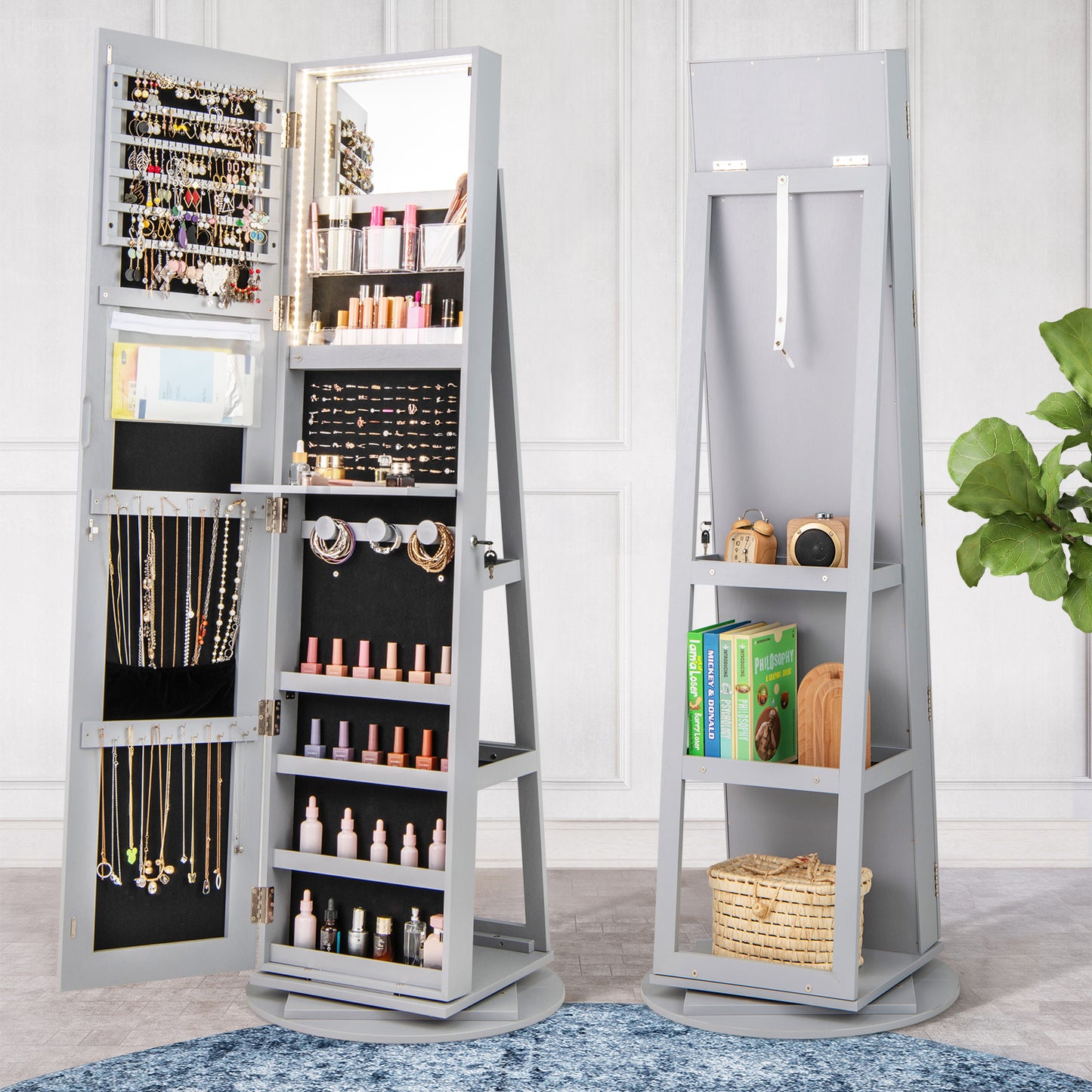360° Rotating Mirrored Jewelry Cabinet Armoire 3 Color LED Modes Lockable-Gray