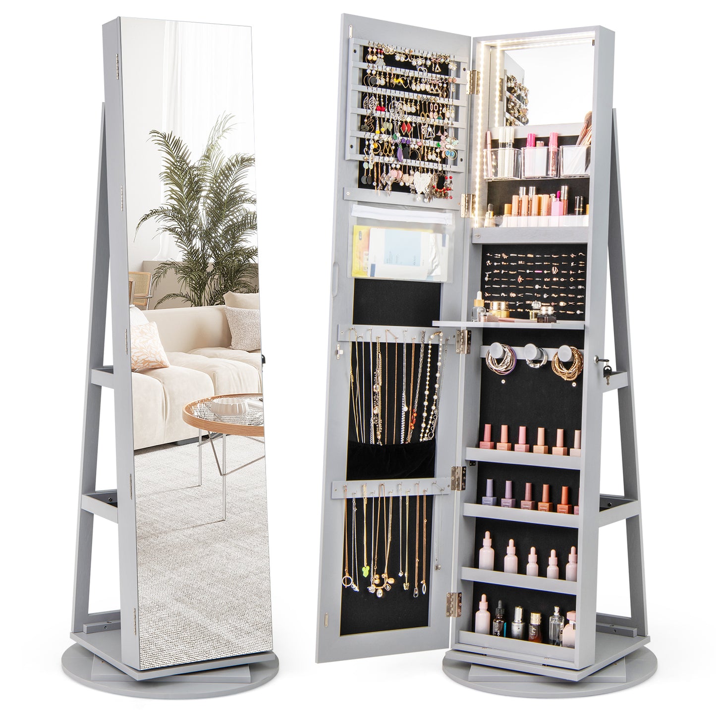 360° Rotating Mirrored Jewelry Cabinet Armoire 3 Color LED Modes Lockable-Gray