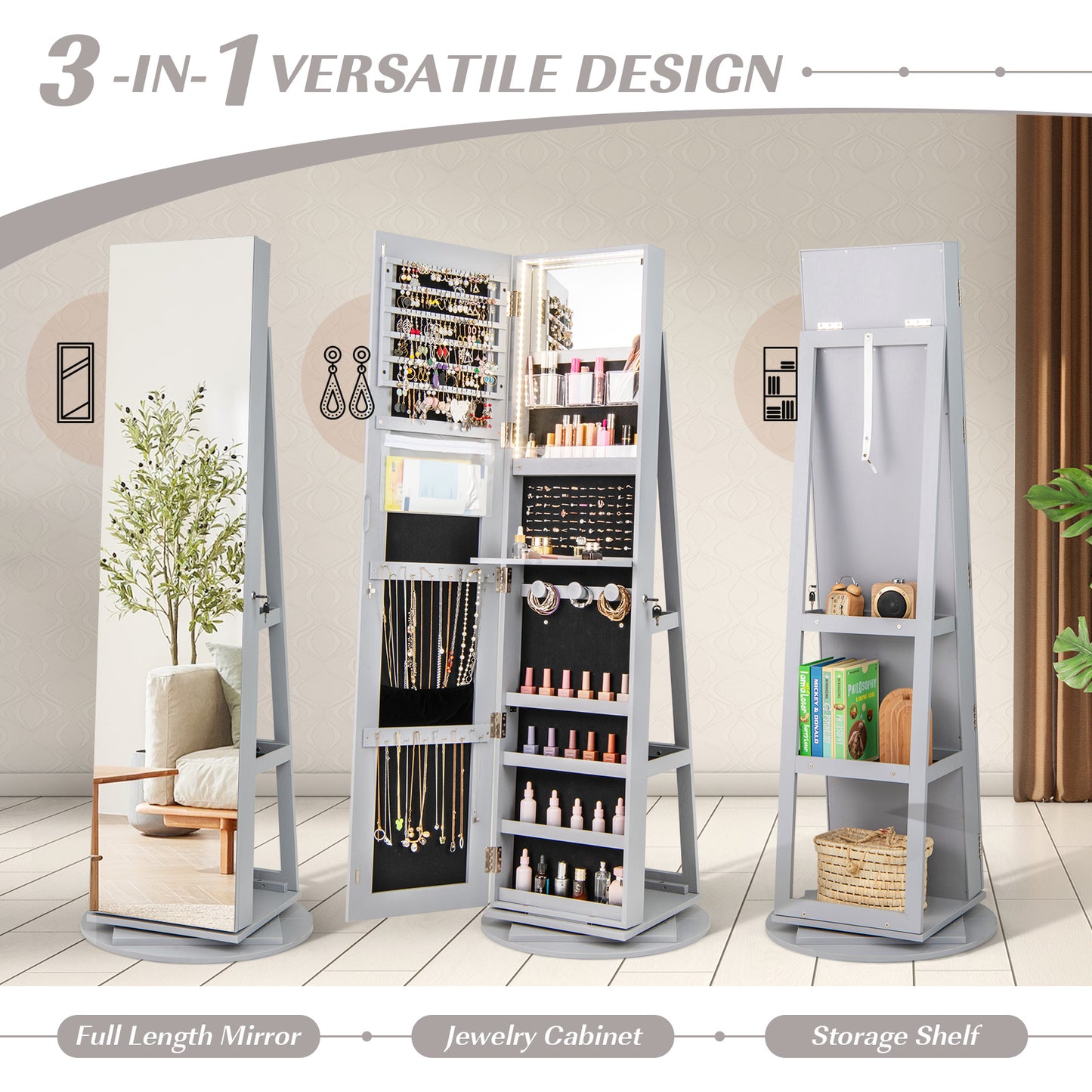 360° Rotating Mirrored Jewelry Cabinet Armoire 3 Color LED Modes Lockable-Gray