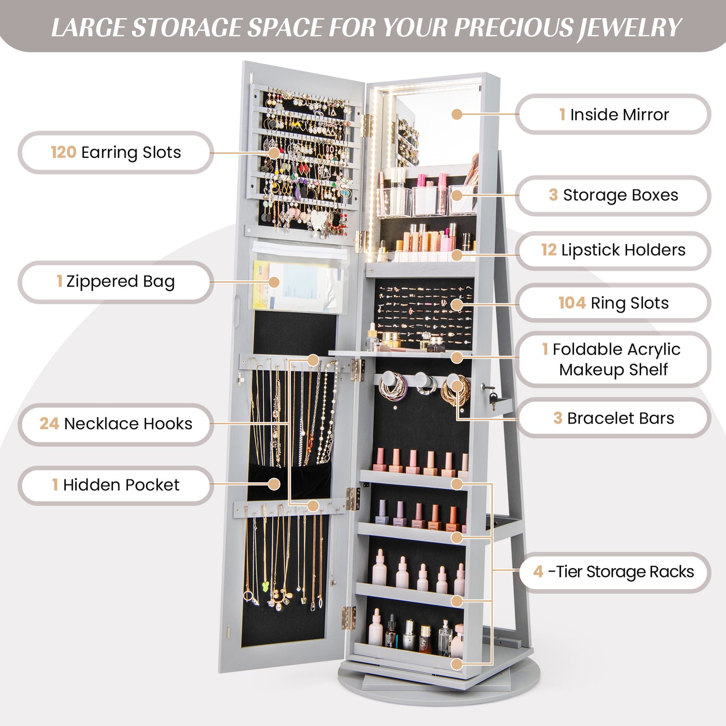 360° Rotating Mirrored Jewelry Cabinet Armoire 3 Color LED Modes Lockable-Gray