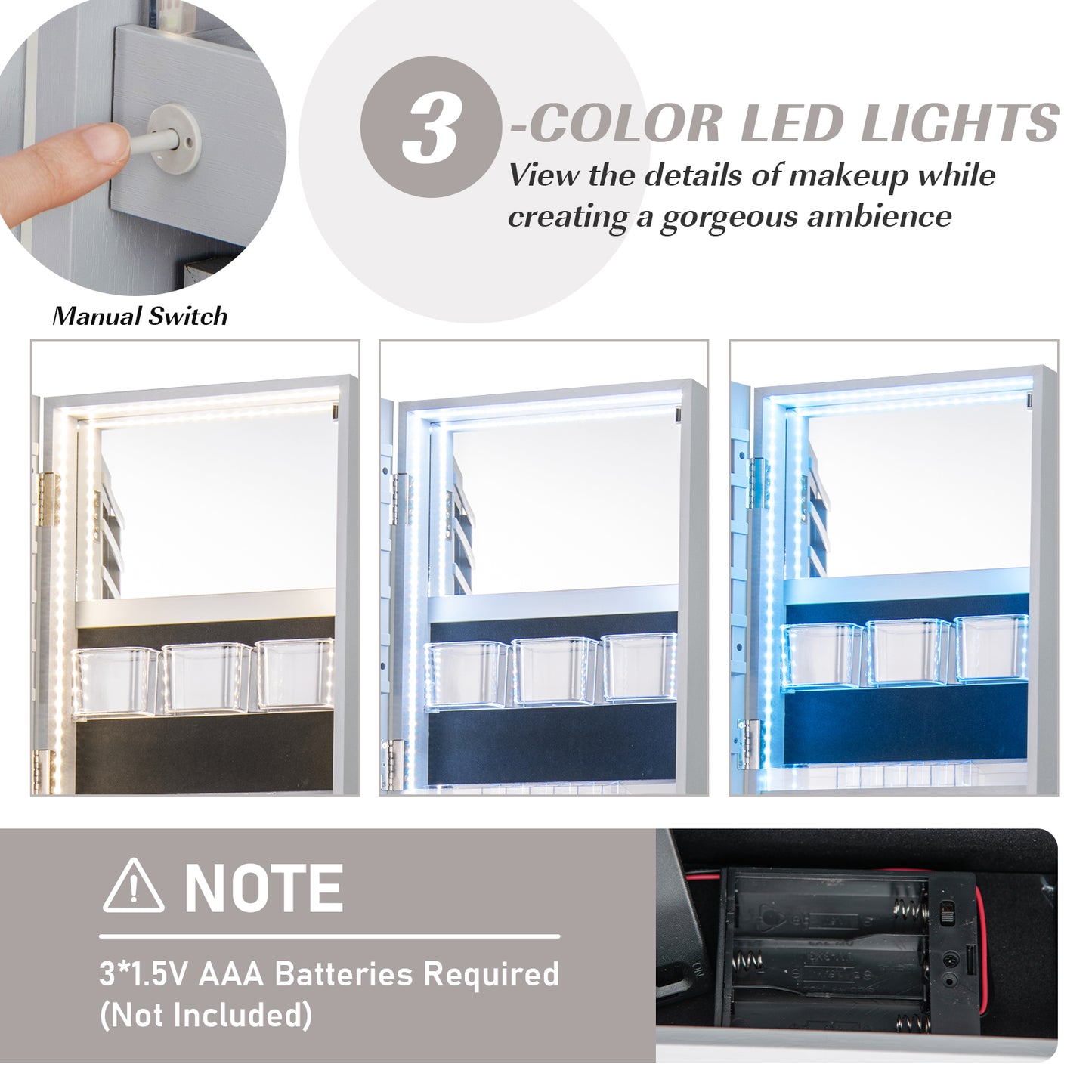 360° Rotating Mirrored Jewelry Cabinet Armoire 3 Color LED Modes Lockable-Gray