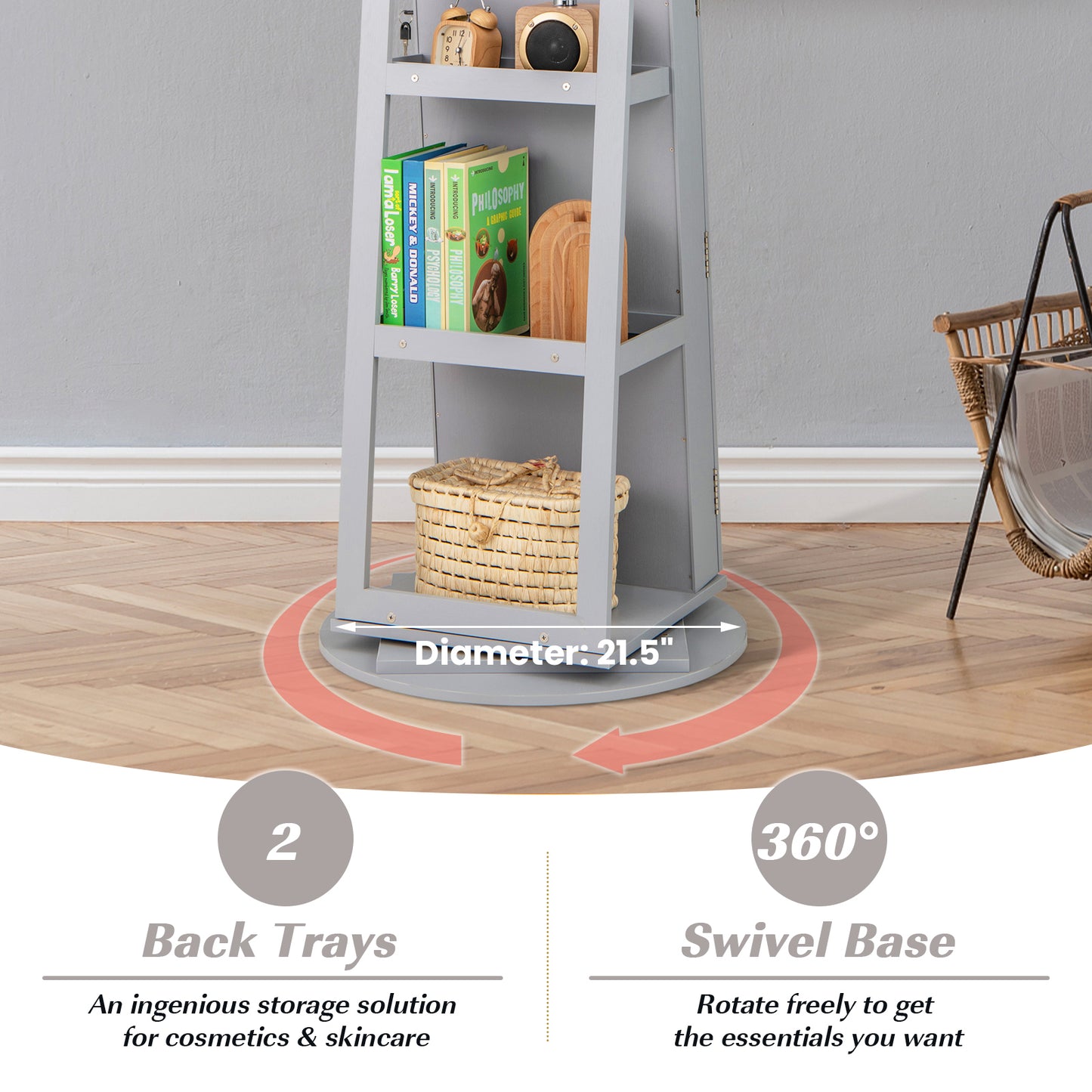 360° Rotating Mirrored Jewelry Cabinet Armoire 3 Color LED Modes Lockable-Gray Kids Crystal