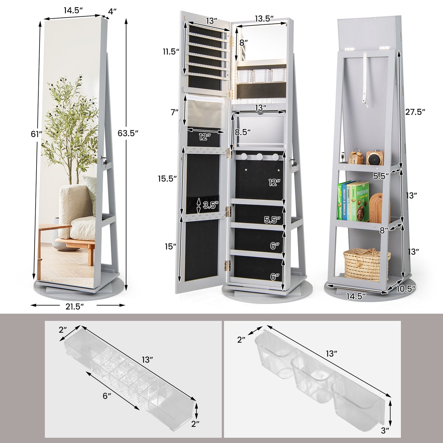 360° Rotating Mirrored Jewelry Cabinet Armoire 3 Color LED Modes Lockable-Gray