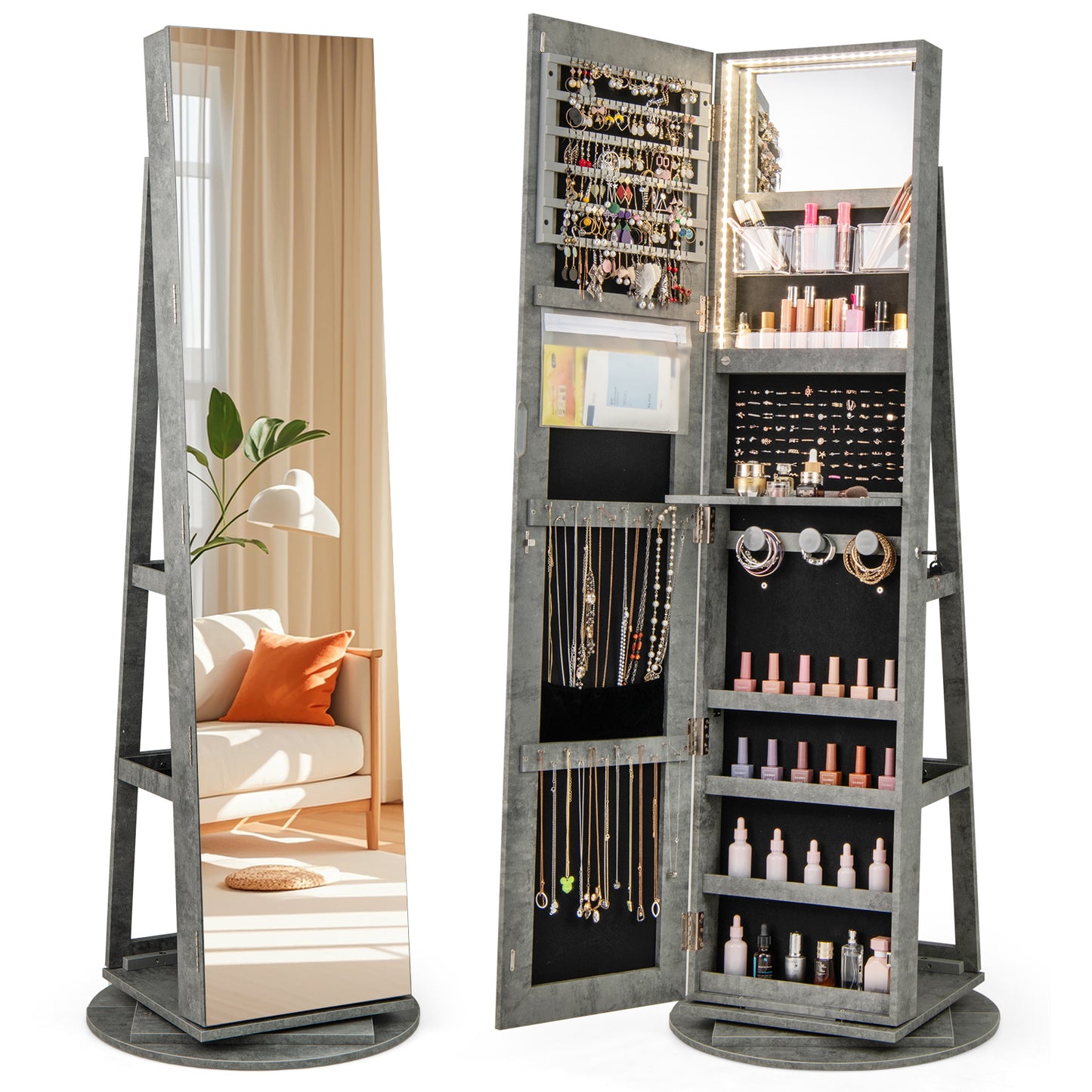 360° Rotating Mirrored Jewelry Cabinet Armoire 3 Color LED Modes Lockable-Green