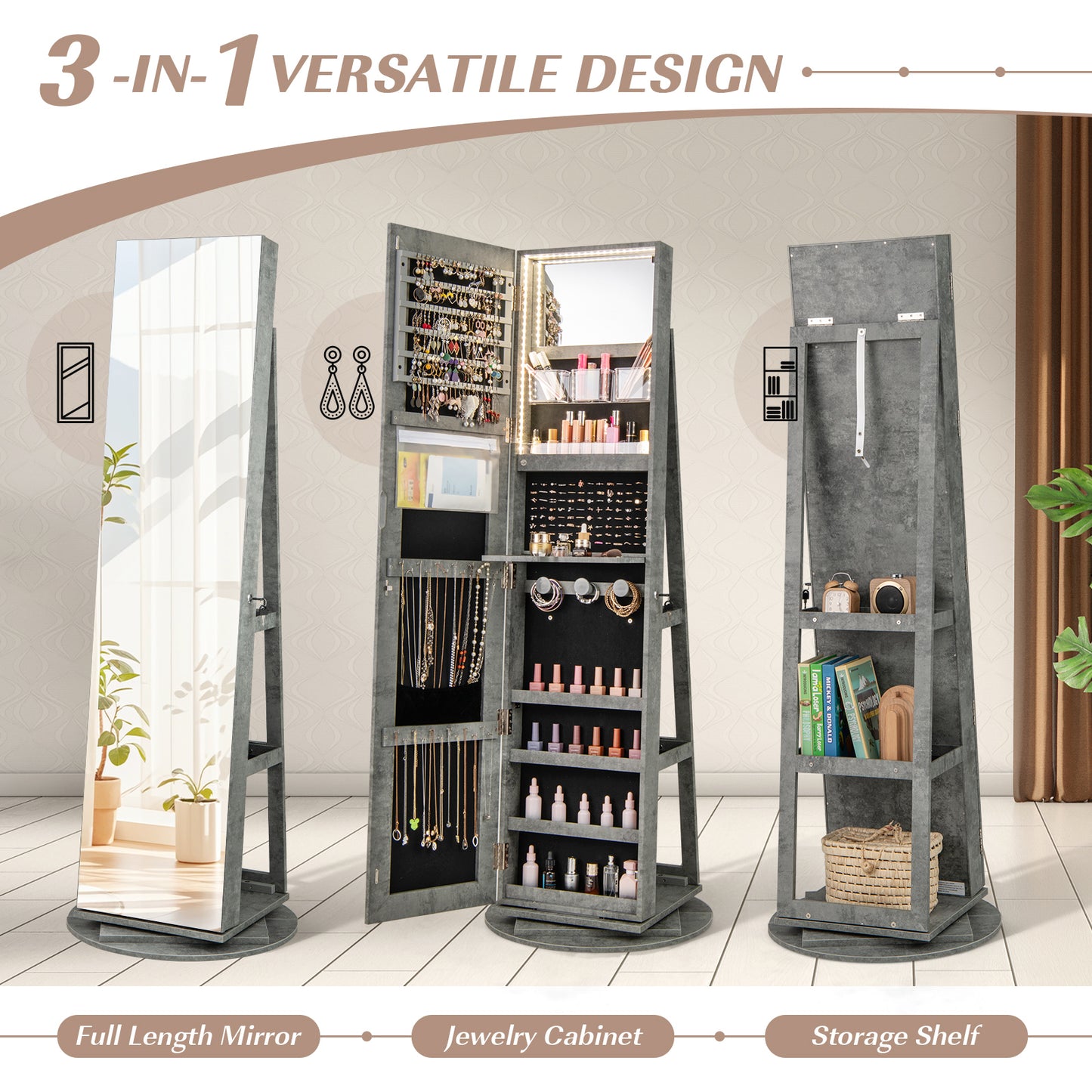 360° Rotating Mirrored Jewelry Cabinet Armoire 3 Color LED Modes Lockable-Green
