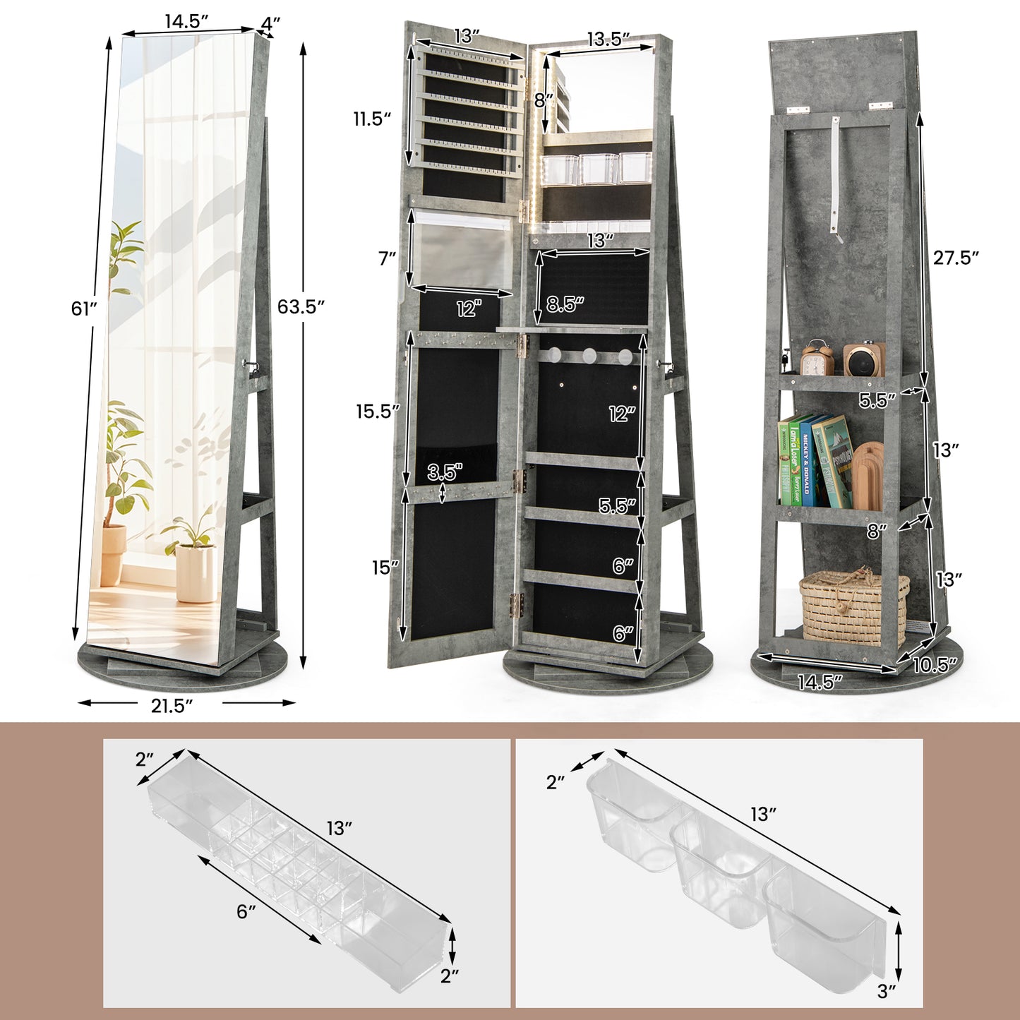 360° Rotating Mirrored Jewelry Cabinet Armoire 3 Color LED Modes Lockable-Green