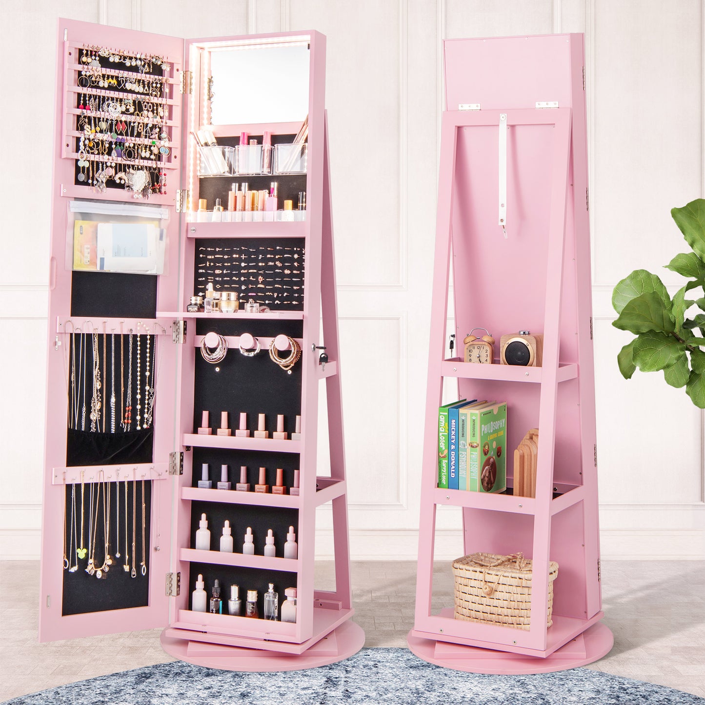360° Rotating Mirrored Jewelry Cabinet Armoire 3 Color LED Modes Lockable-Pink