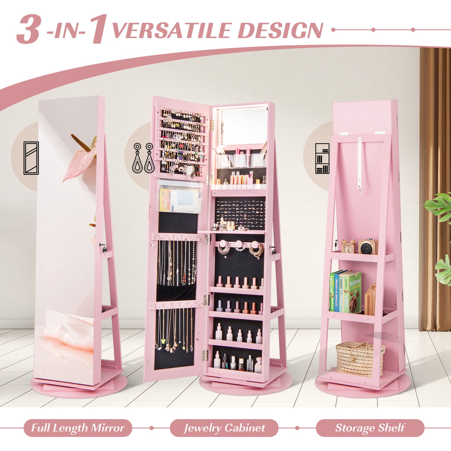 360° Rotating Mirrored Jewelry Cabinet Armoire 3 Color LED Modes Lockable-Pink