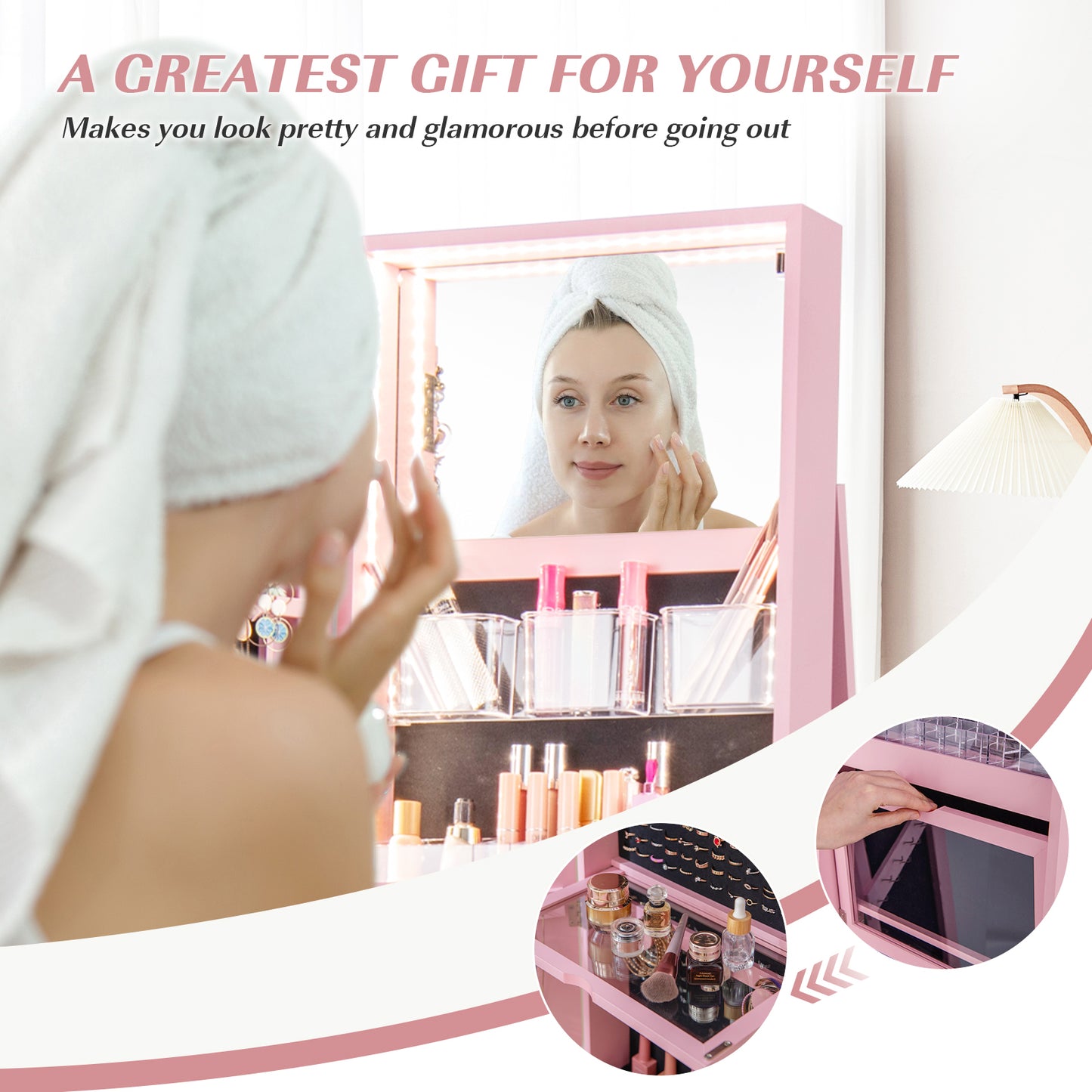 360° Rotating Mirrored Jewelry Cabinet Armoire 3 Color LED Modes Lockable-Pink