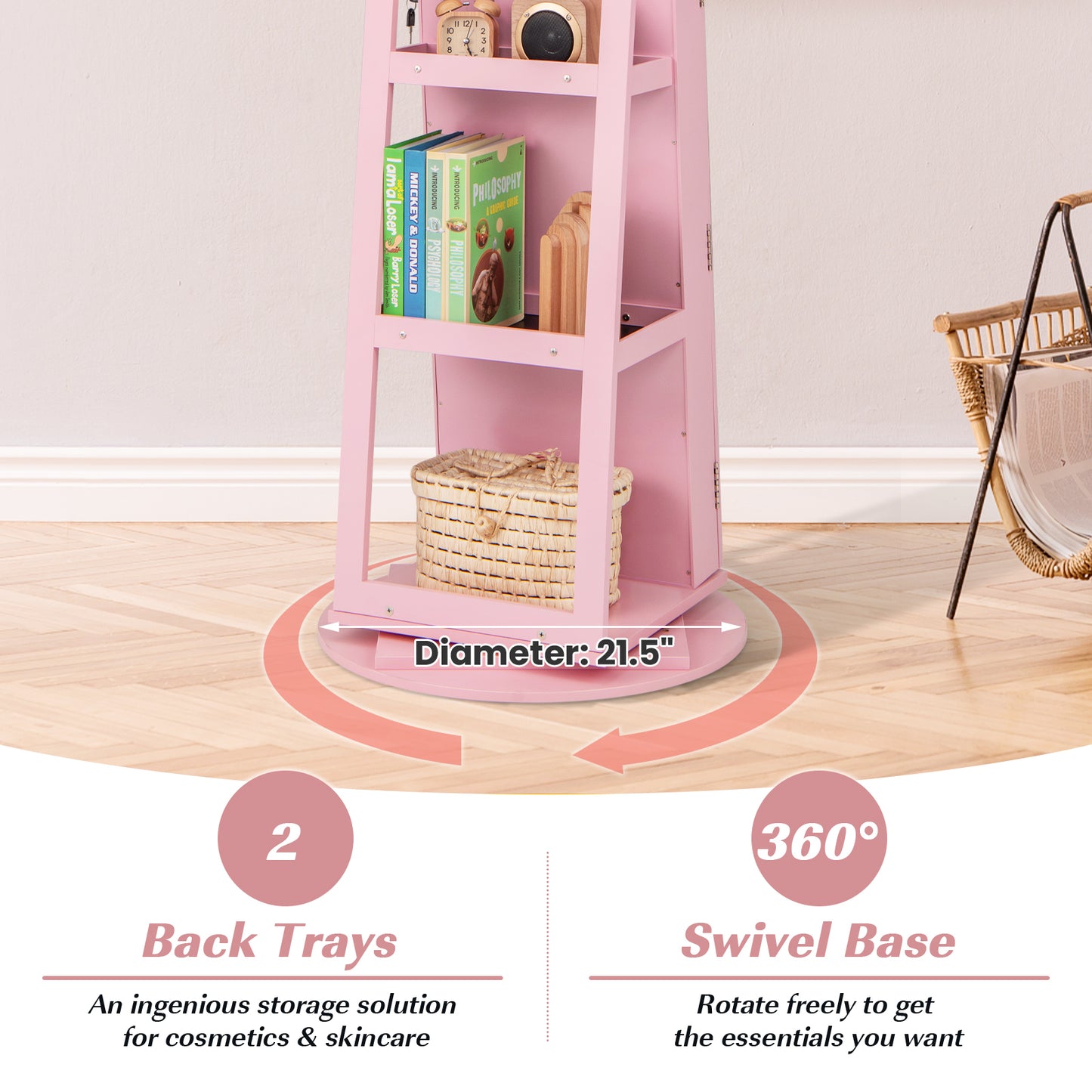 360° Rotating Mirrored Jewelry Cabinet Armoire 3 Color LED Modes Lockable-Pink Kids Crystal