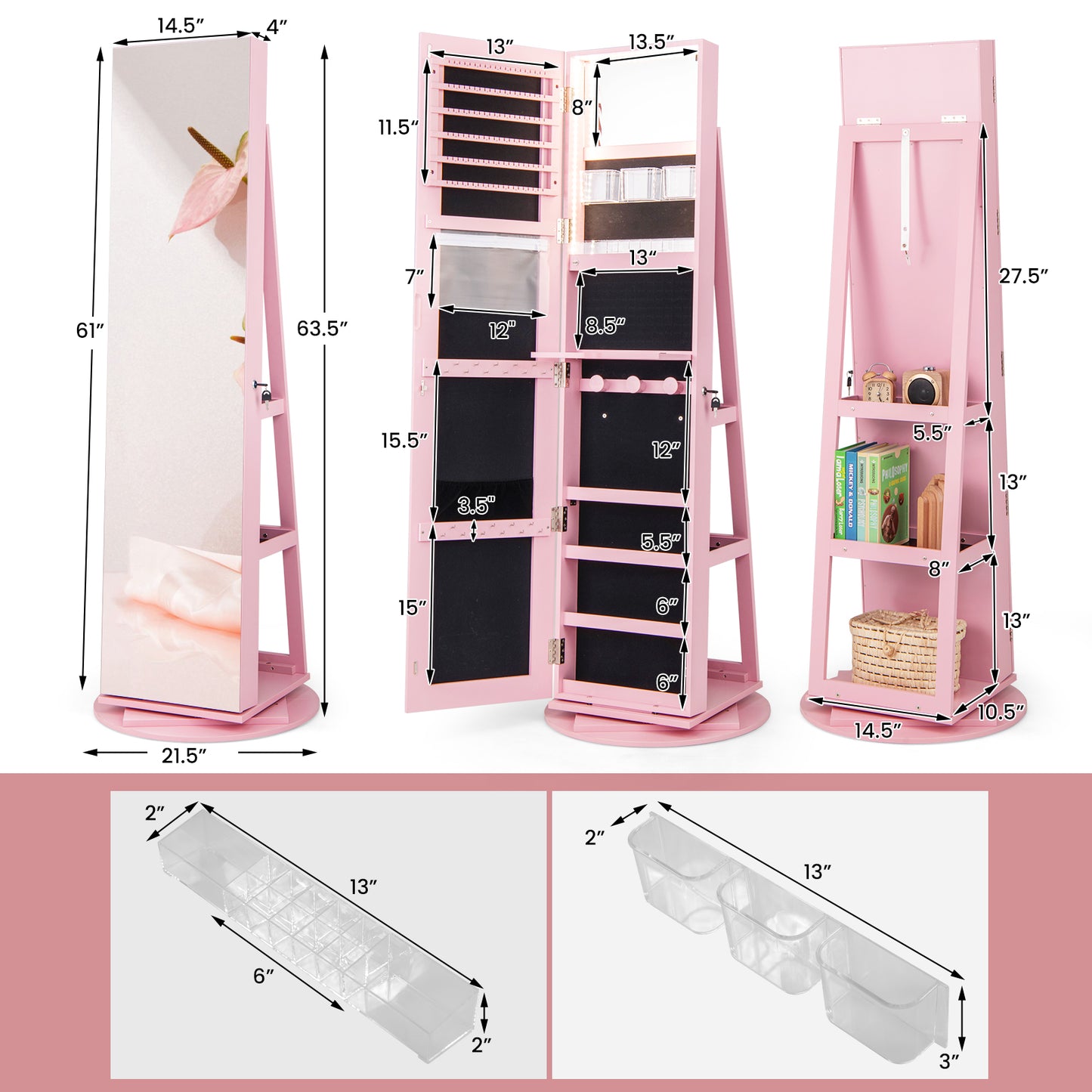 360° Rotating Mirrored Jewelry Cabinet Armoire 3 Color LED Modes Lockable-Pink