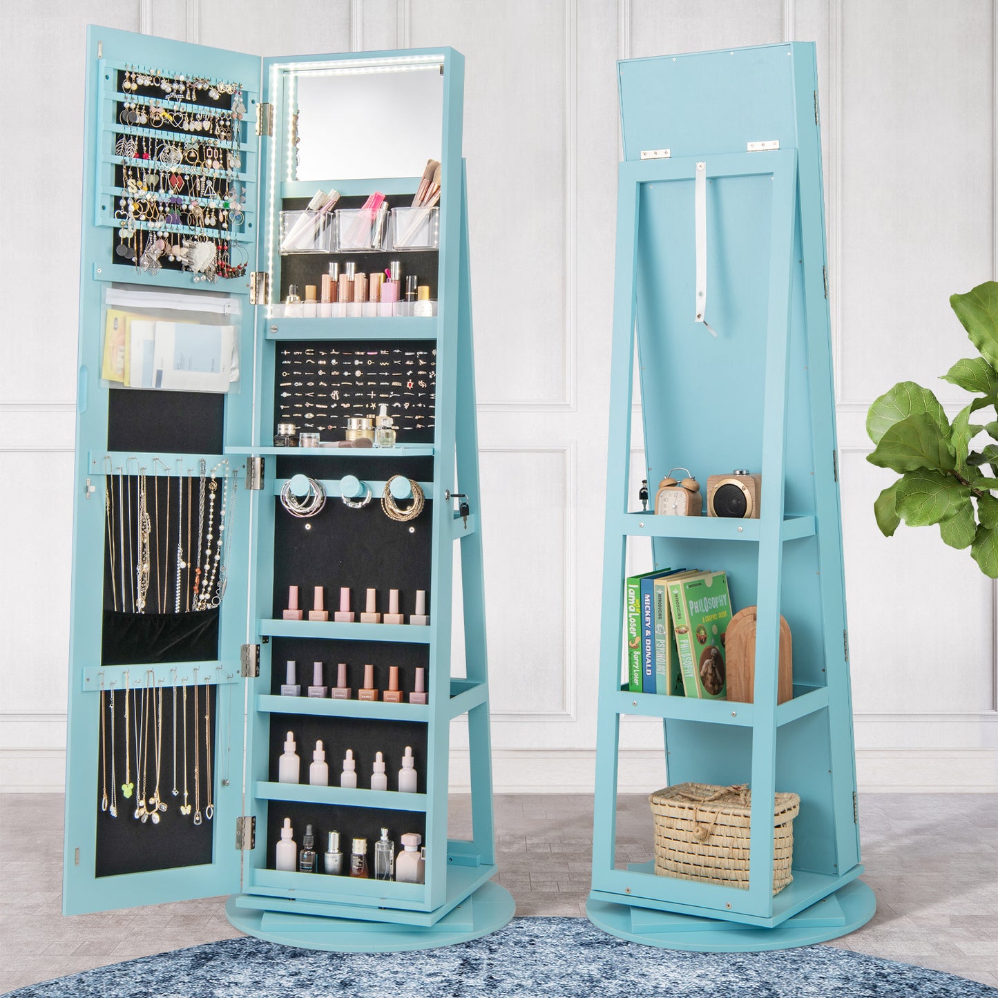 360° Rotating Mirrored Jewelry Cabinet Armoire 3 Color LED Modes Lockable-Blue
