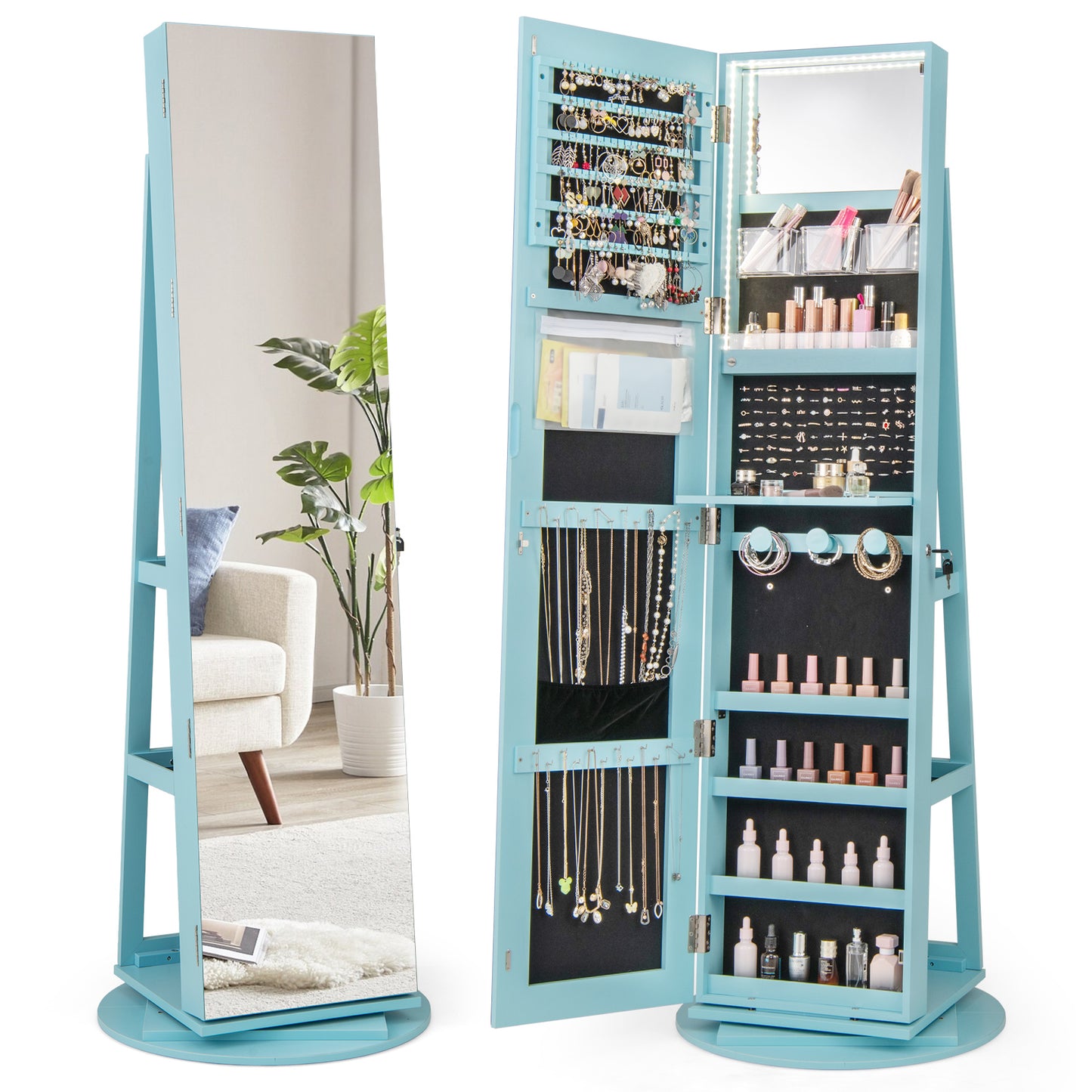 360° Rotating Mirrored Jewelry Cabinet Armoire 3 Color LED Modes Lockable-Blue