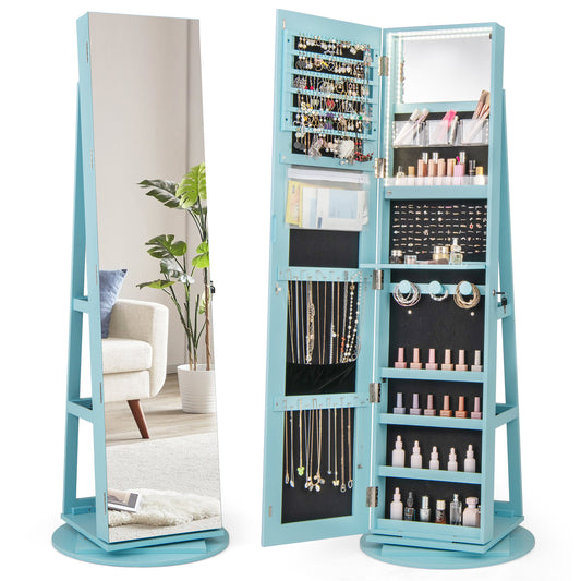 360° Rotating Mirrored Jewelry Cabinet Armoire 3 Color LED Modes Lockable-Blue Kids Crystal