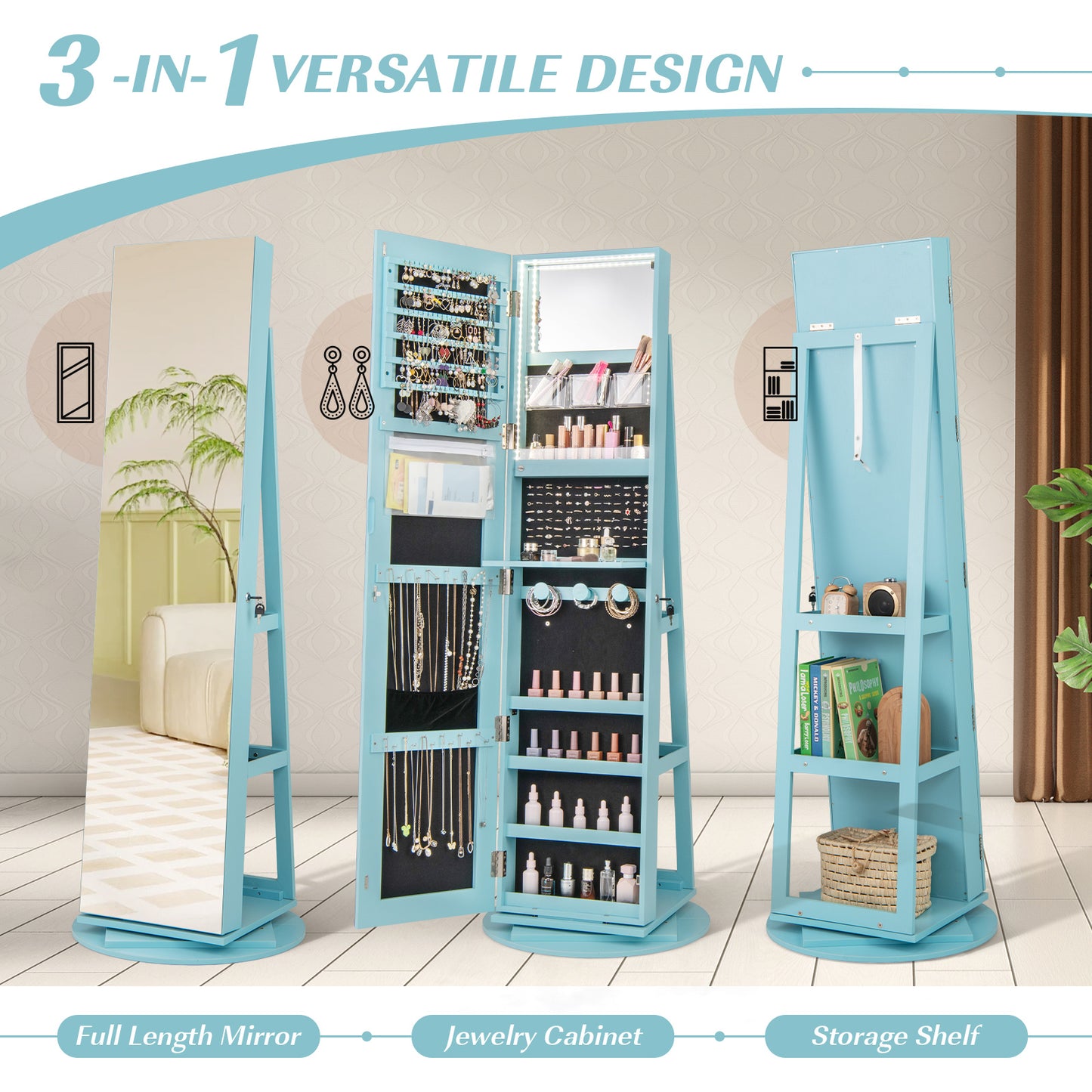 360° Rotating Mirrored Jewelry Cabinet Armoire 3 Color LED Modes Lockable-Blue