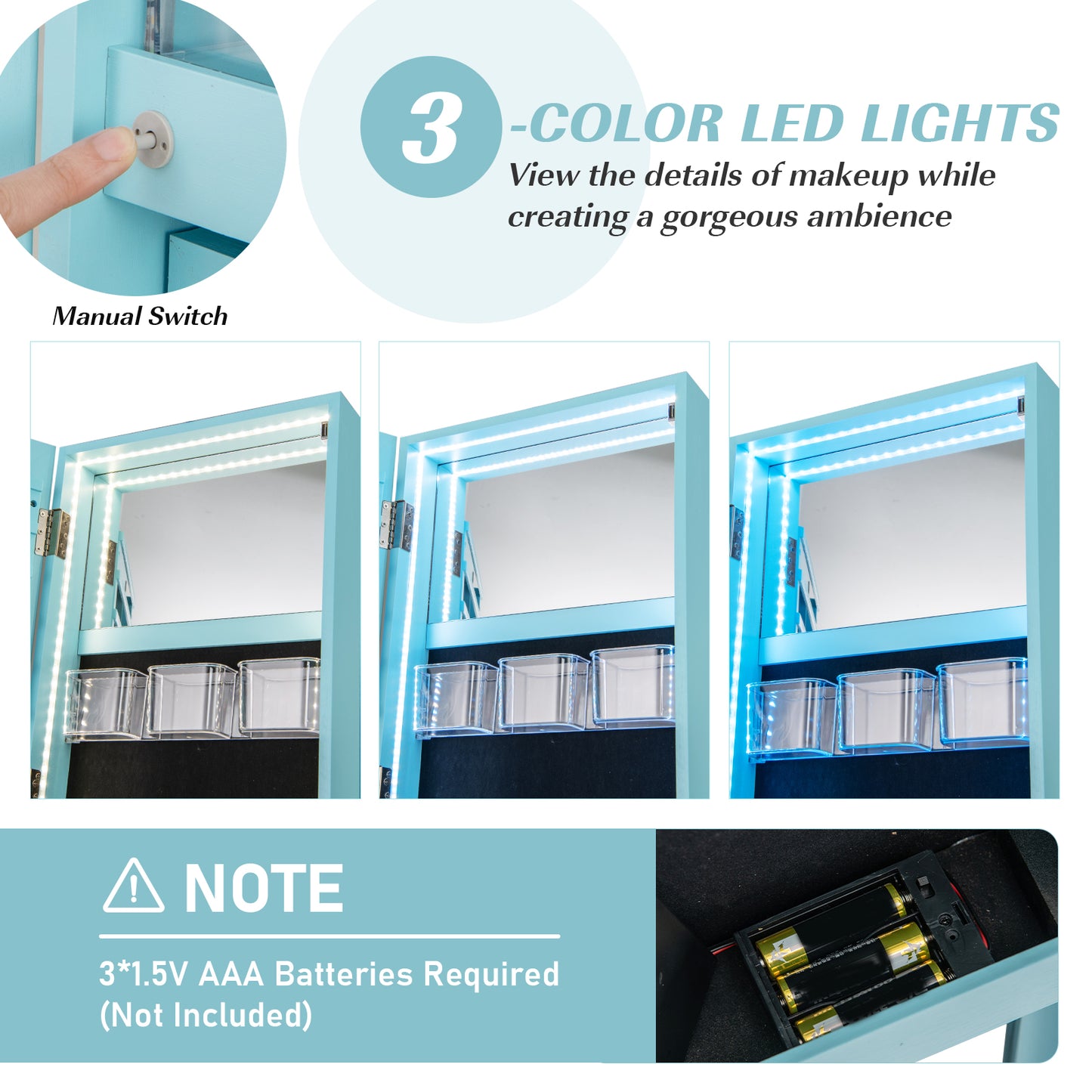 360° Rotating Mirrored Jewelry Cabinet Armoire 3 Color LED Modes Lockable-Blue