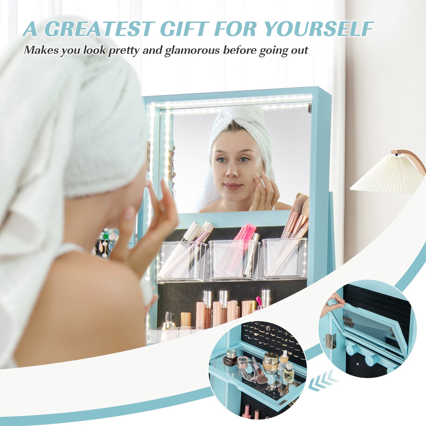 360° Rotating Mirrored Jewelry Cabinet Armoire 3 Color LED Modes Lockable-Blue