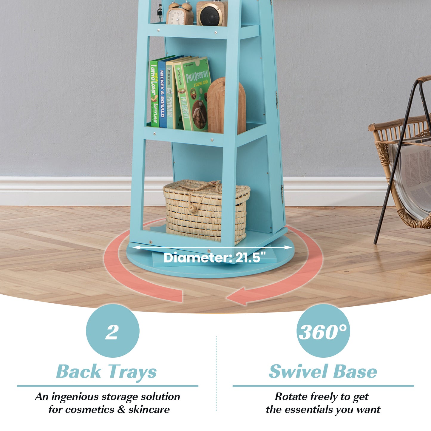 360° Rotating Mirrored Jewelry Cabinet Armoire 3 Color LED Modes Lockable-Blue Kids Crystal