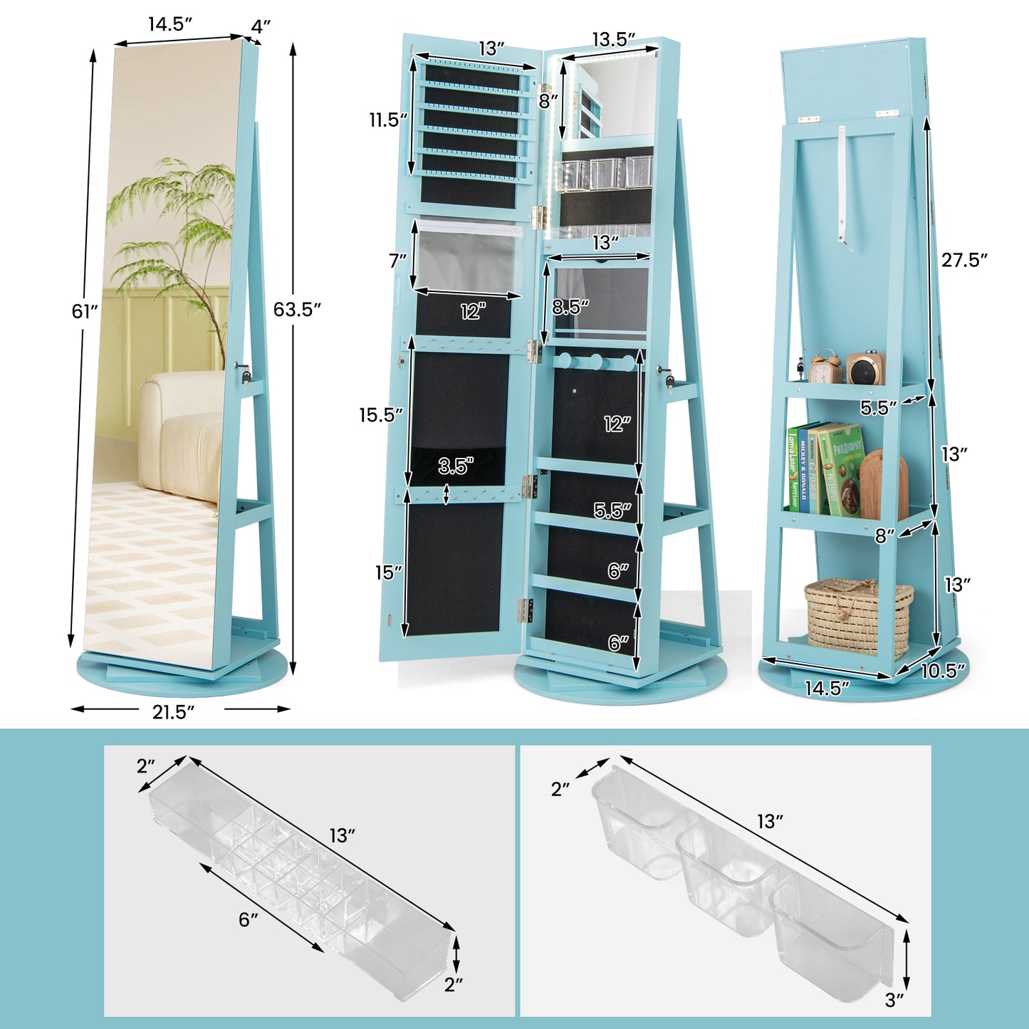 360° Rotating Mirrored Jewelry Cabinet Armoire 3 Color LED Modes Lockable-Blue