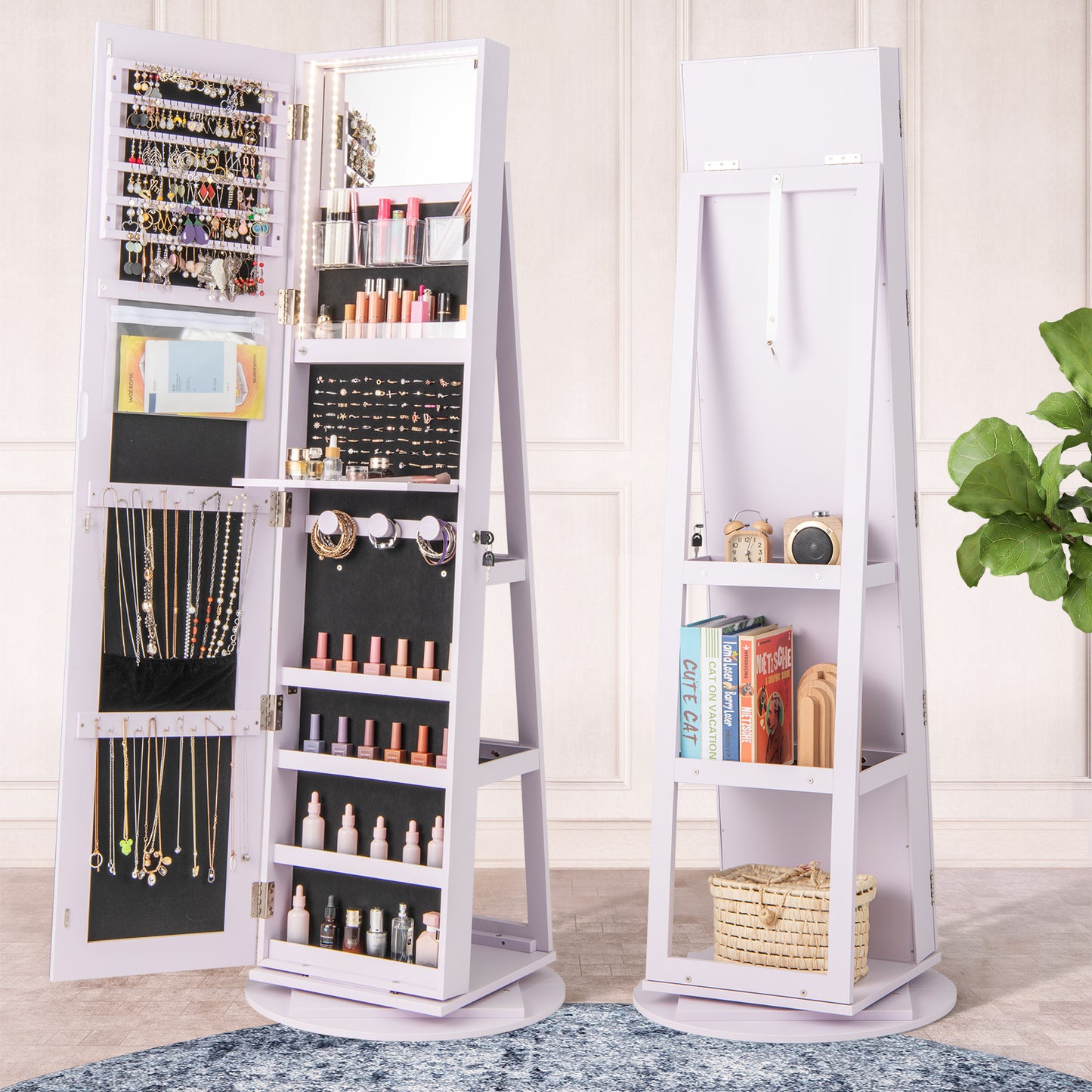 360° Rotating Mirrored Jewelry Cabinet Armoire 3 Color LED Modes Lockable-Purple