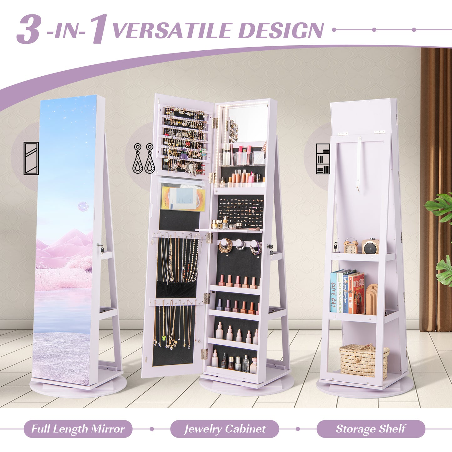 360° Rotating Mirrored Jewelry Cabinet Armoire 3 Color LED Modes Lockable-Purple
