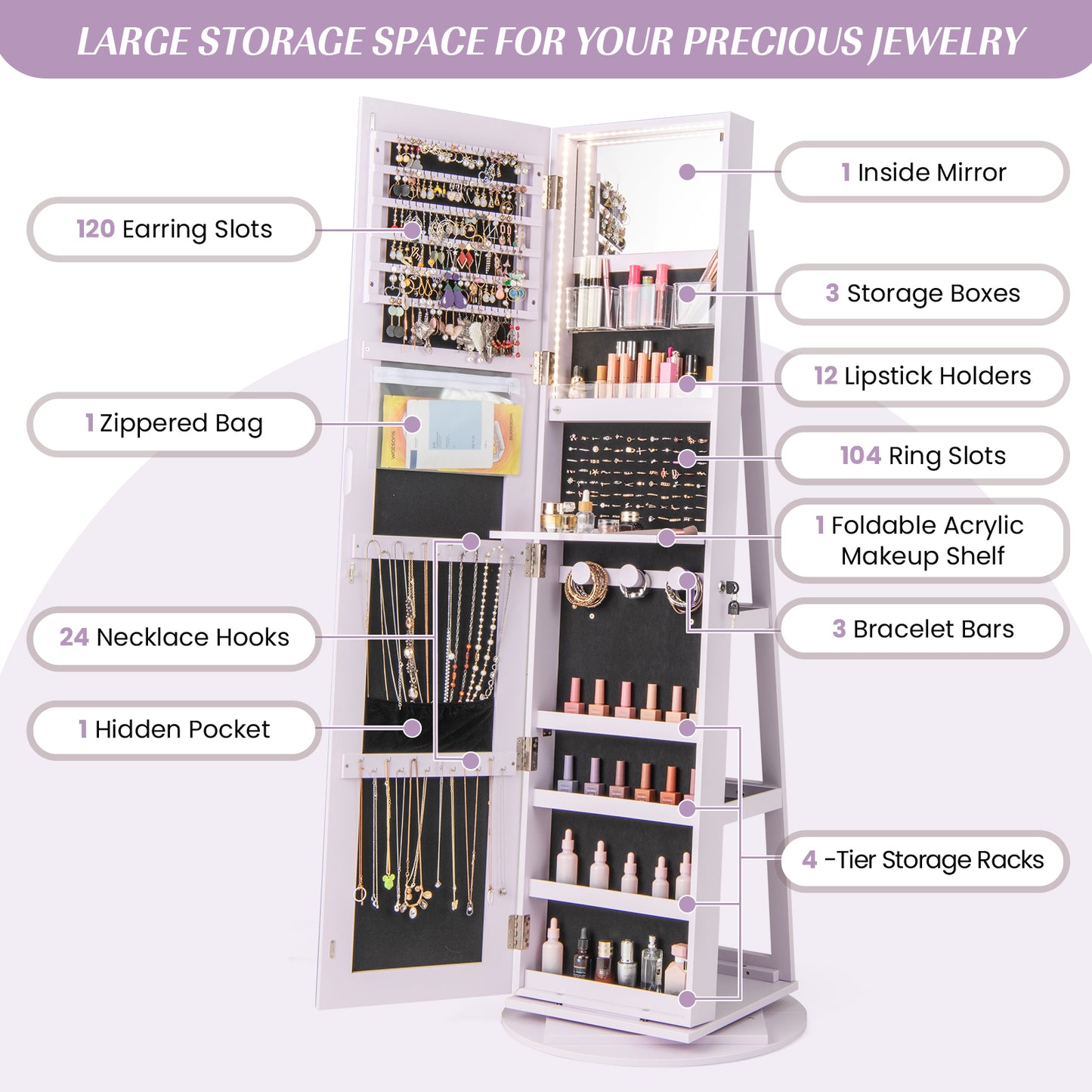 360° Rotating Mirrored Jewelry Cabinet Armoire 3 Color LED Modes Lockable-Purple