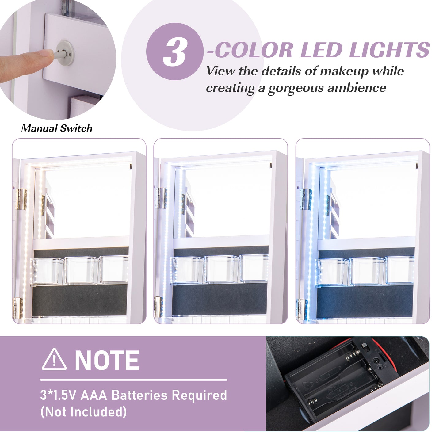 360° Rotating Mirrored Jewelry Cabinet Armoire 3 Color LED Modes Lockable-Purple