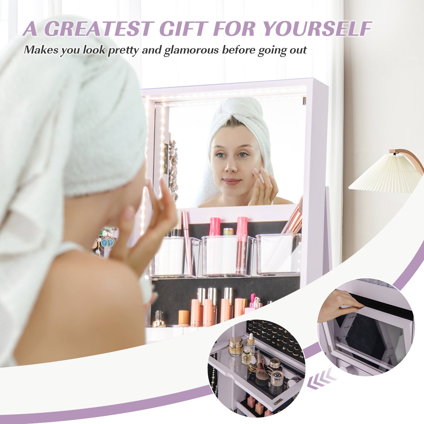 360° Rotating Mirrored Jewelry Cabinet Armoire 3 Color LED Modes Lockable-Purple