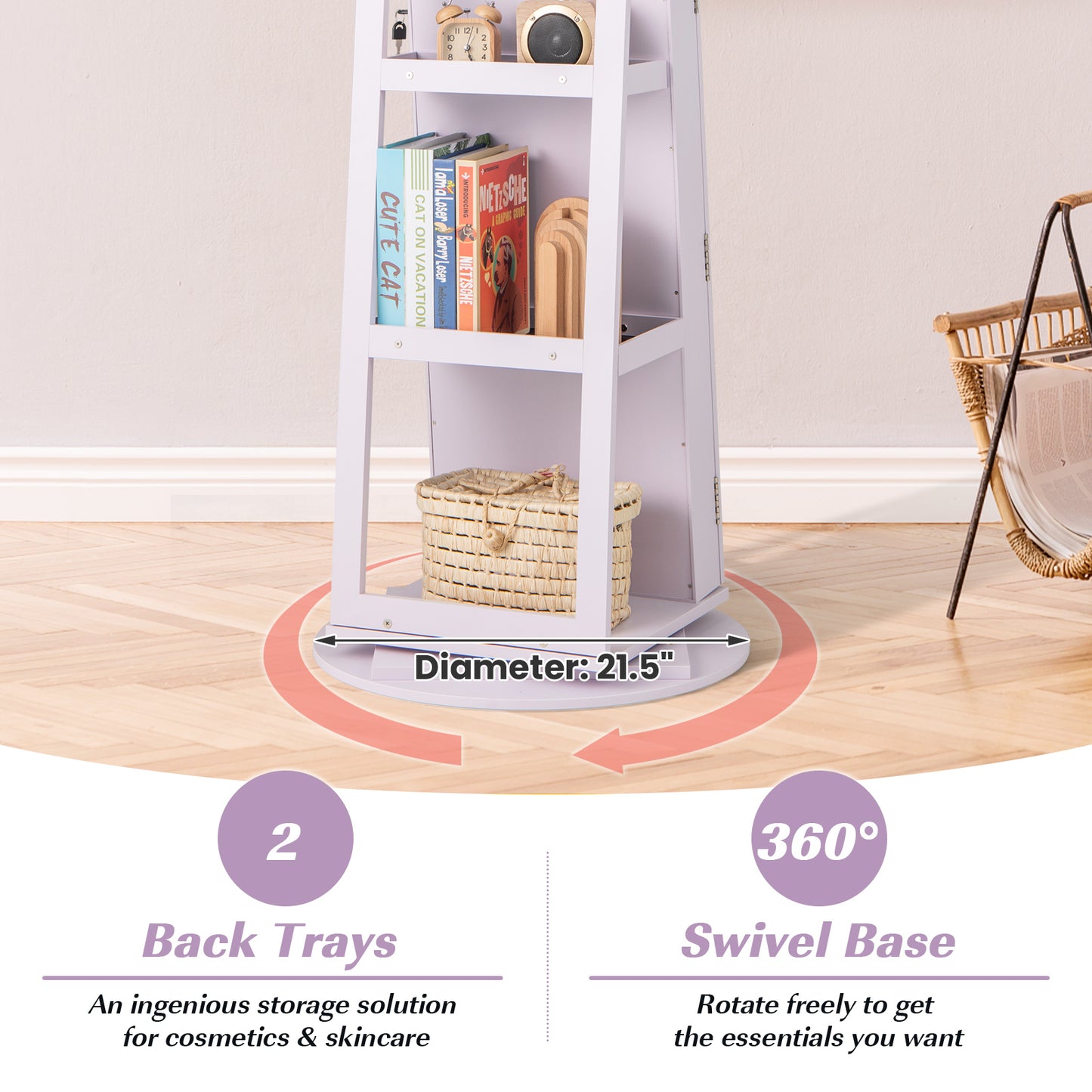 360° Rotating Mirrored Jewelry Cabinet Armoire 3 Color LED Modes Lockable-Purple Kids Crystal