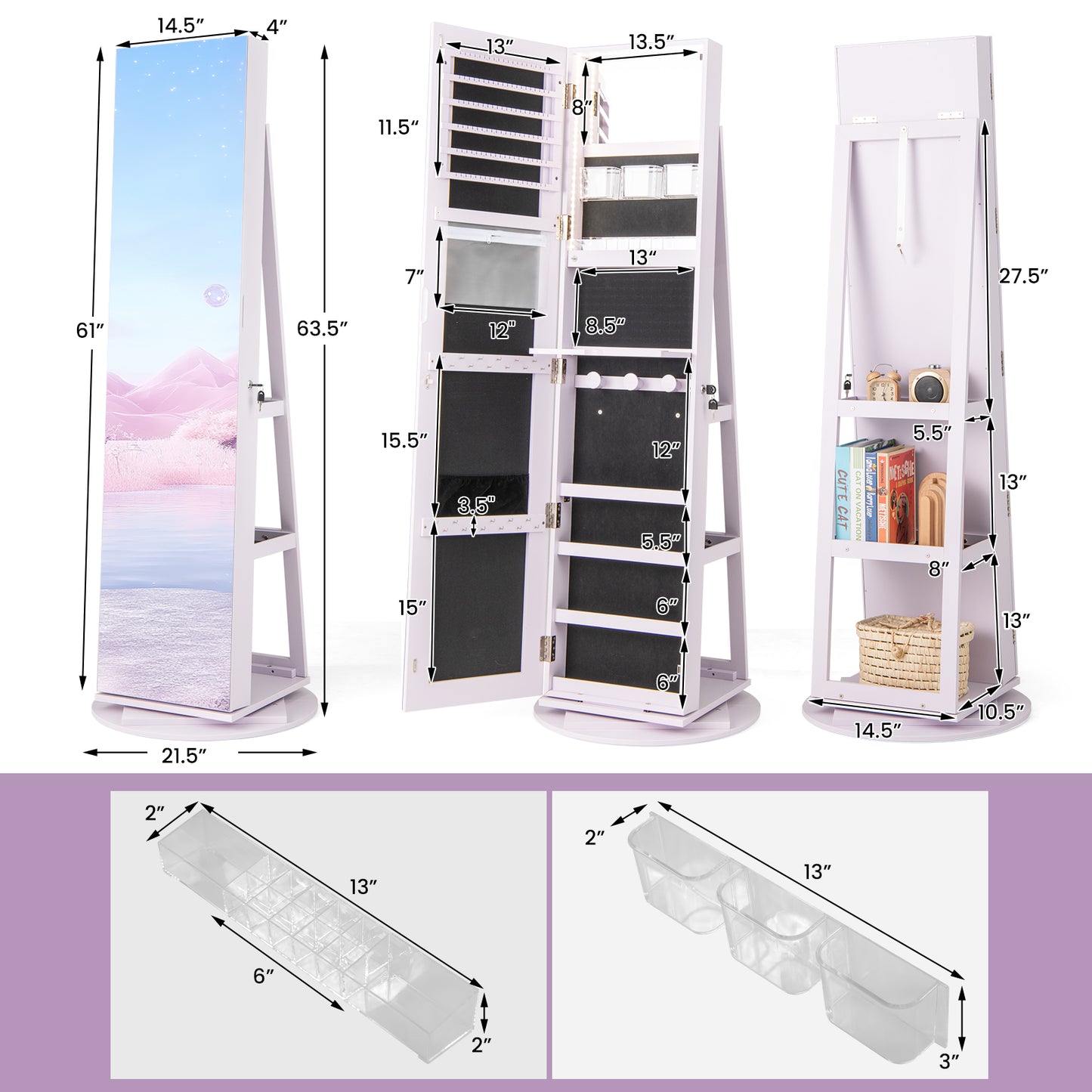 360° Rotating Mirrored Jewelry Cabinet Armoire 3 Color LED Modes Lockable-Purple