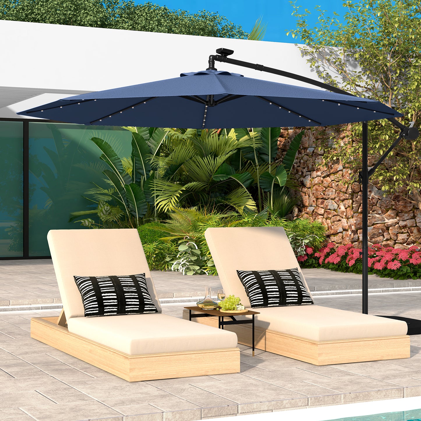 10 Ft Solar LED Offset Umbrella with 40 Lights and Cross Base for Patio-Blue Kids Crystal